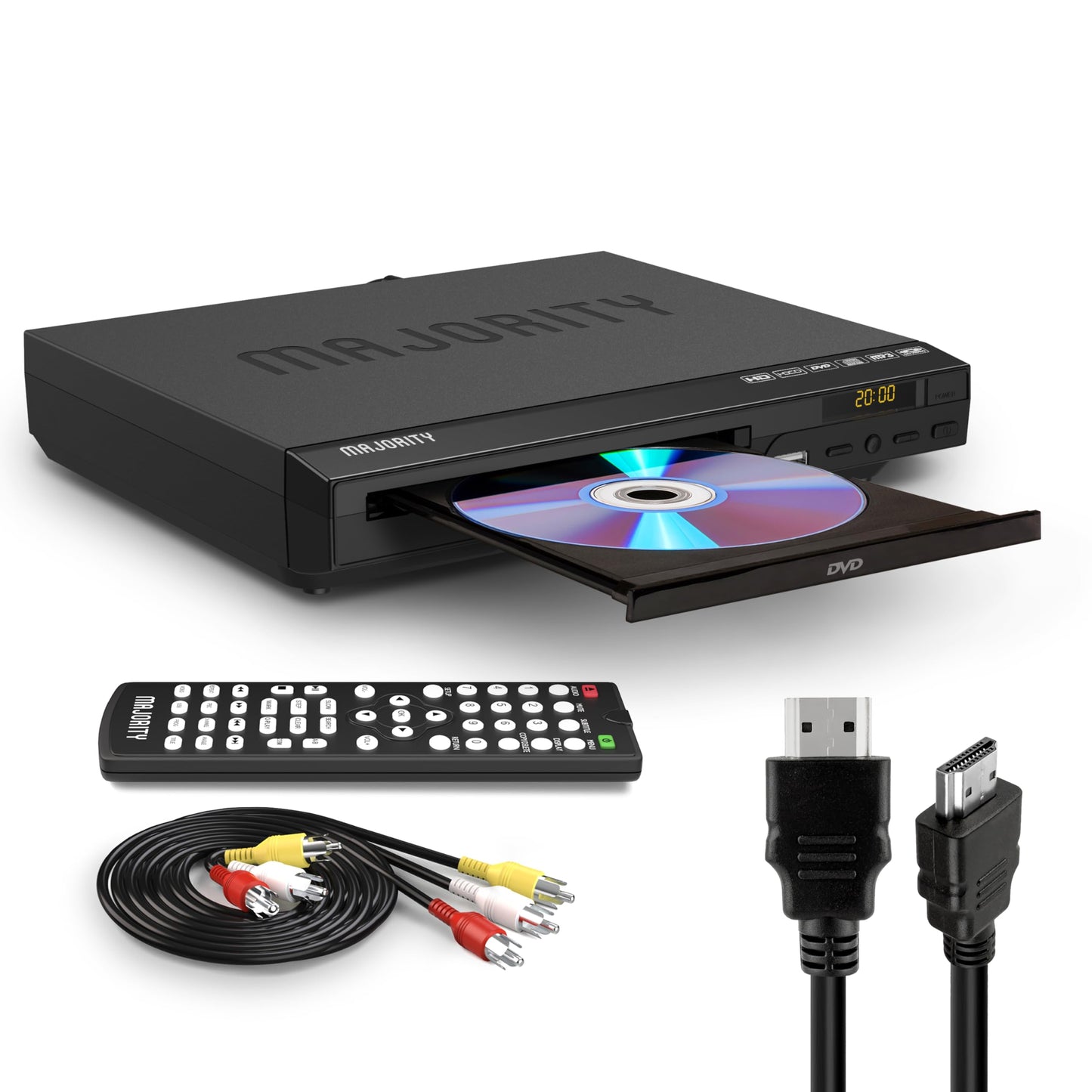 Reproductor de DVD HDMI para TV | Reproductores de DVD libres de región 1080P para Smart TV | Mini reproductor de DVD con USB, CD y MP3 | Cable HDMI, cable RCA y control remoto incluido | MAJORITY