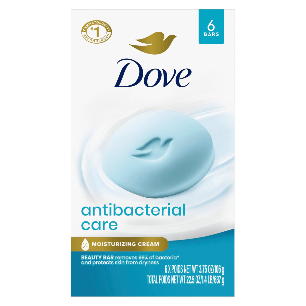 Dove Beauty Bar For All Skin Types Antibacterial Protects from Skin Dryness 3.75 oz 6 Bars