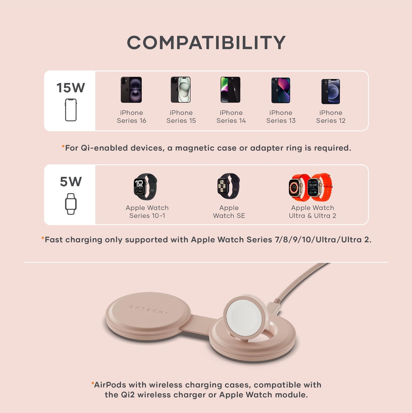 SATECHI OntheGo™ Cargador Inalámbrico 2 en 1, Cargador Portátil Qi2 con Carga Rápida de 15W para iPhone y 5W para Apple Watch, Estación de Carga Magnética de Viaje – Rosa Desierto