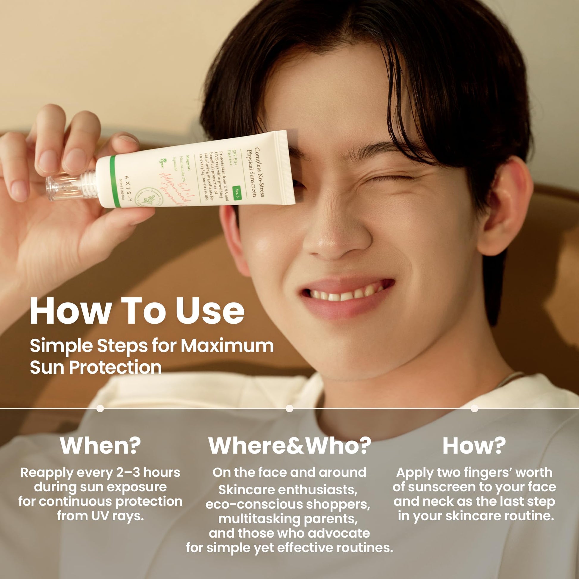 AXIS-Y COMPLETE NO-STRESS PHYSICAL SUNSCREEN 50ML- PROTECTOR SOLAR SPF 50+ PA ++++ - Protector solar con 2% de niacinamida y péptidos para proteger del sol, reducir manchas y prevenir arrugas - Con óxido de zinc seguro para los arrecifes 50ml