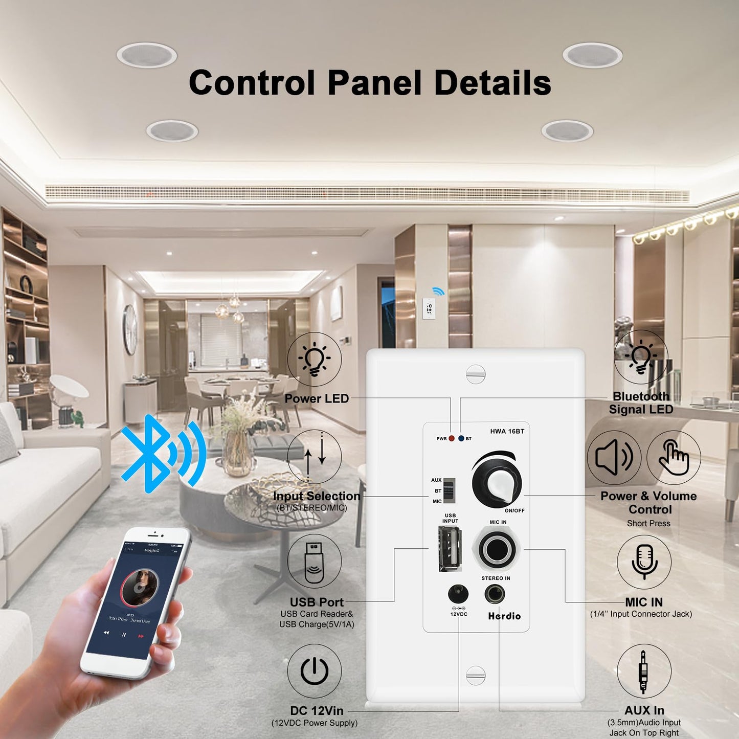 Herdio Altavoces de Techo de 5.25 Pulgadas, 600 W, Montaje Empotrado de 2 vías con Receptor Amplificador de Montaje en Pared, Perfecto para Cine en casa, baño, Compatible con Bluetooth(4 Altavoces)