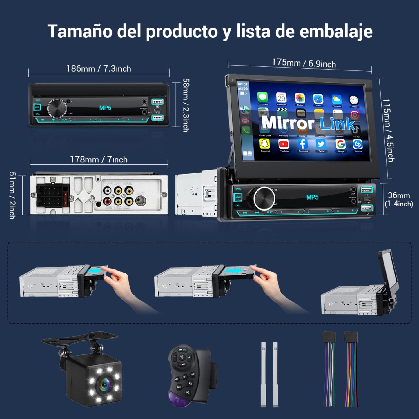 HIMICAR Estereo Retráctil 7 Pulgada con Enlace Espejo Autoestéreo Reproductor MP5, Bluetooth 5.0, Entrada Auxiliar, Radio FM, USB, TF, Cámara de Visión Trasera