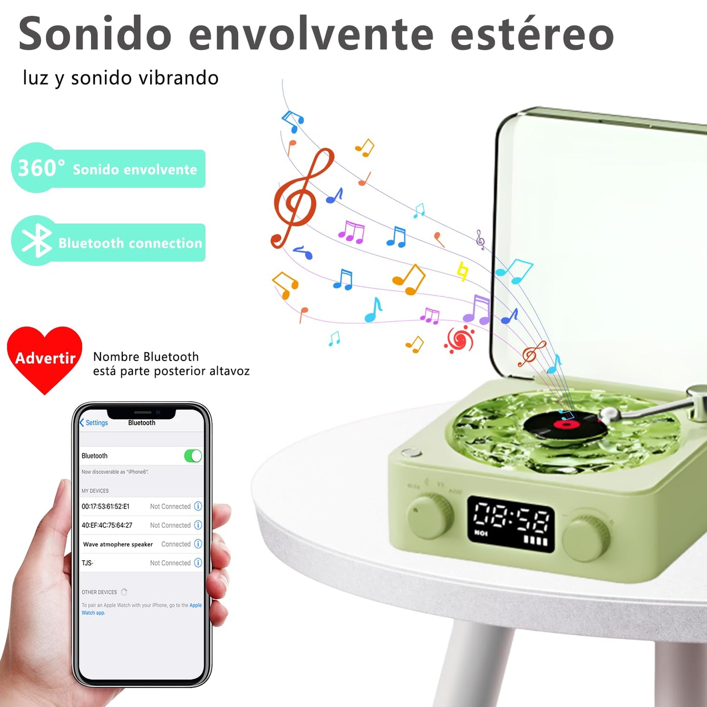 YRHDYU Reproductor de Vinilos, Tocadiscos Bluetooth con Luz Nocturna y Visualización de La Hora, Bocina Tocadiscos Bluetooth Vinilo Waves Recargable, Mini Altavoces Portátiles (Verde)