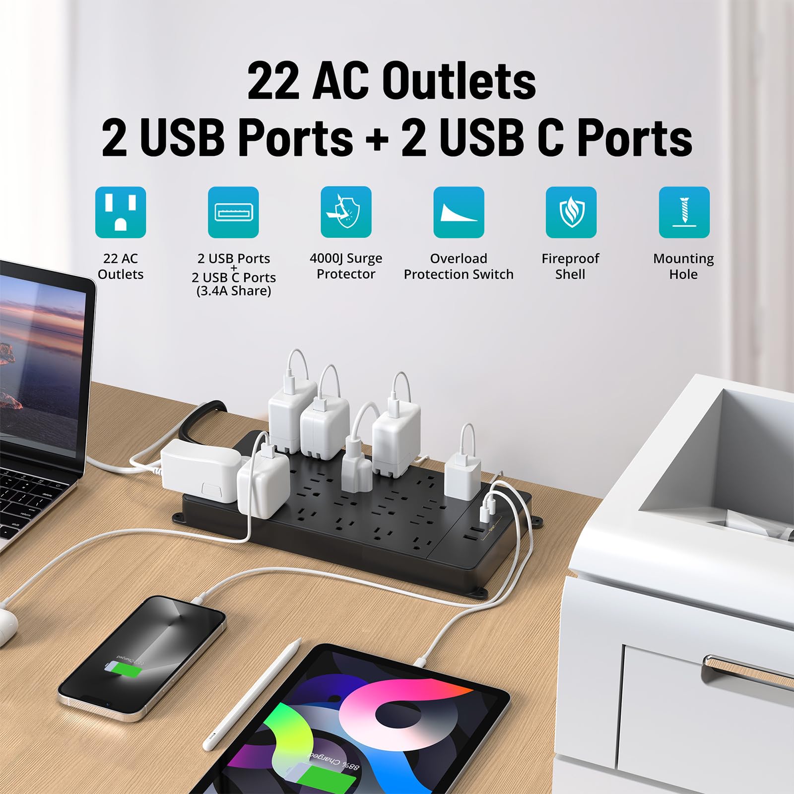 TROND Enchufe Multiple Regleta Multicontacto, Regleta con Protector contra sobretensiones, tomacorrientes de 22 CA con 4 USB(2 USB C), 4000J, certificación ETL, Enchufe Plano 10ft De Alta Resistencia