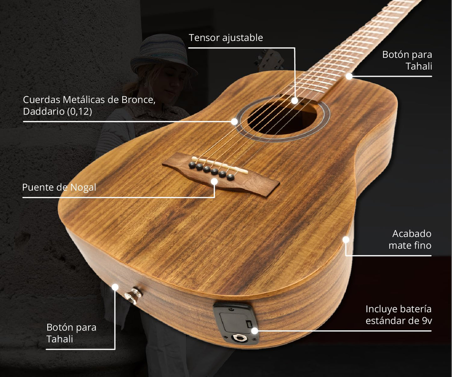 BAMBOO, Guitarra Electroacustica Travel Koa con Funda Negra, 34 pulgadas, madera Koa