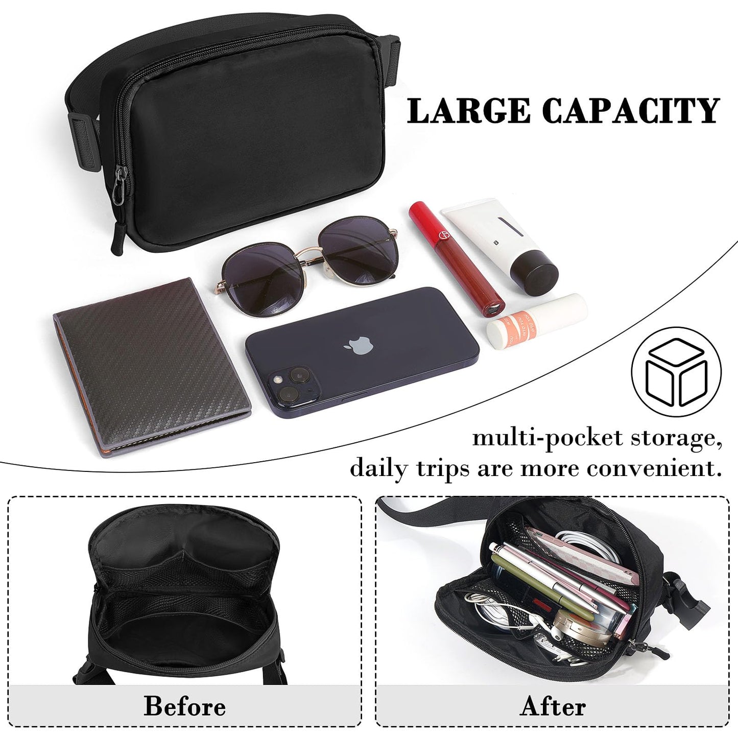 Cangurera para Hombre Mujer con Correa Ajustable Bolsa de Cintura Portátil y Resistente al Agua para Entrenamiento Correr y Viajar-Negro