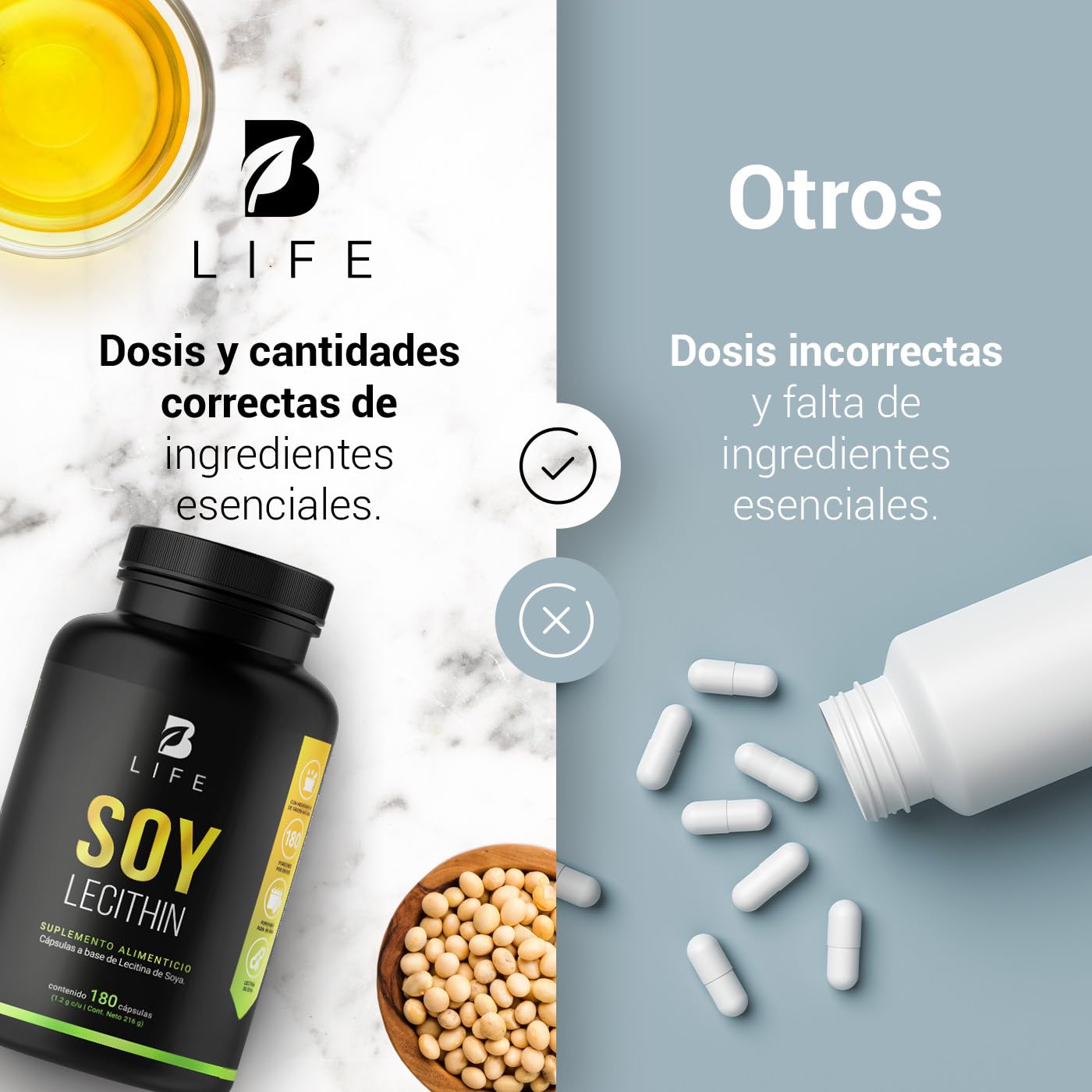 Lecitina de Soya de 180 Cápsulas blandas de 1200 mg. Ingredientes naturales. Soy Lecithin B Life.