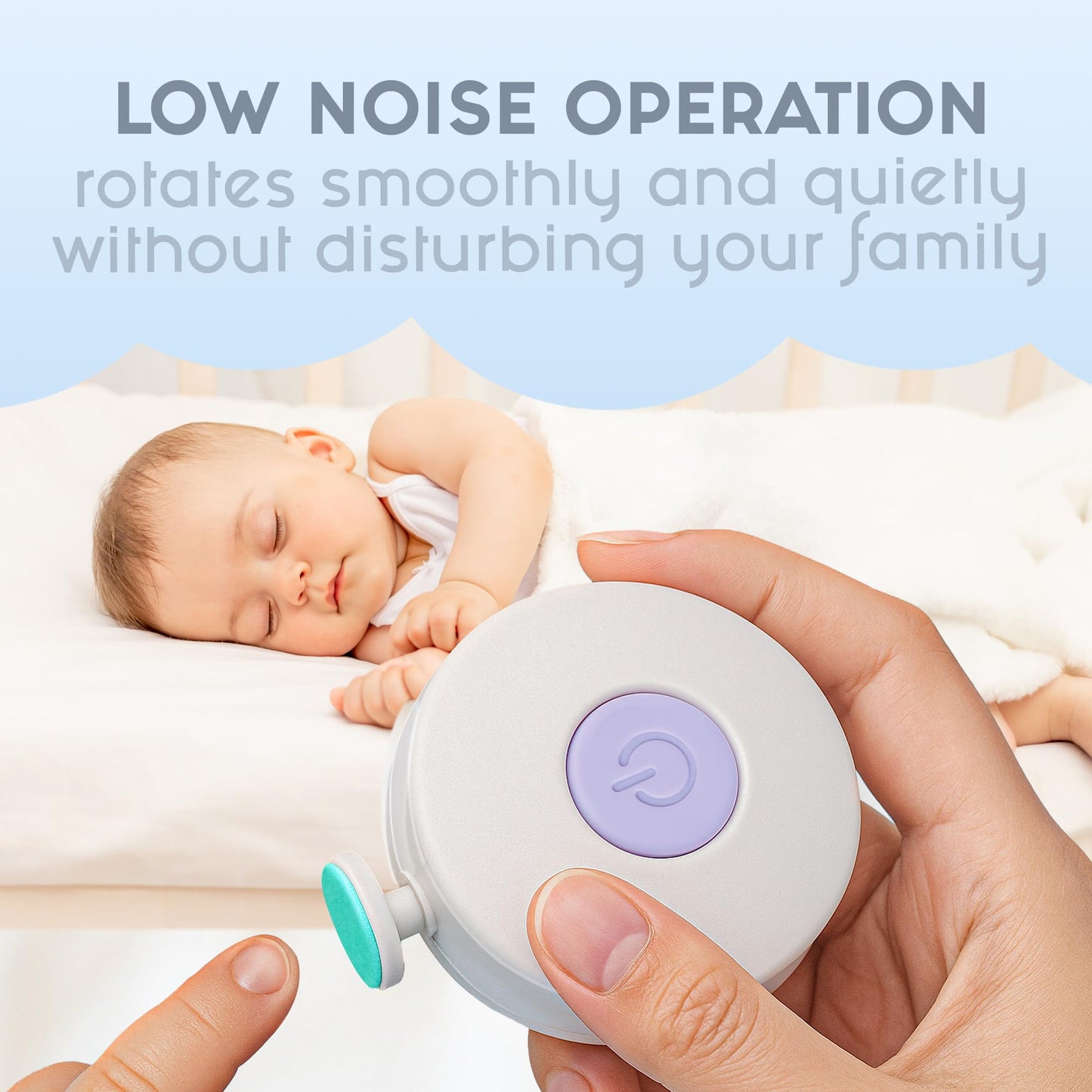 Elan Baby Cortauñas eléctrico, lima de uñas para bebés, segura y fácil de usar para recién nacidos, bebés y niños pequeños, 6 cabezales de pulido, cuidado suave de las uñas.