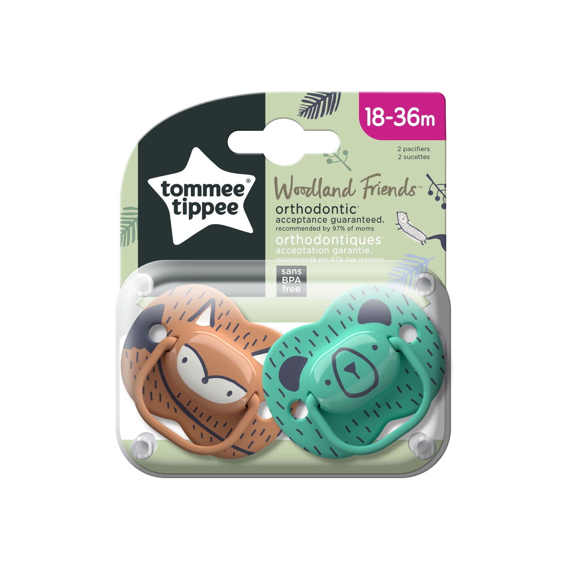 Chupetes Tommee Tippee Moda Woodland Friends diseño simétrico 18-36 m sin BPA