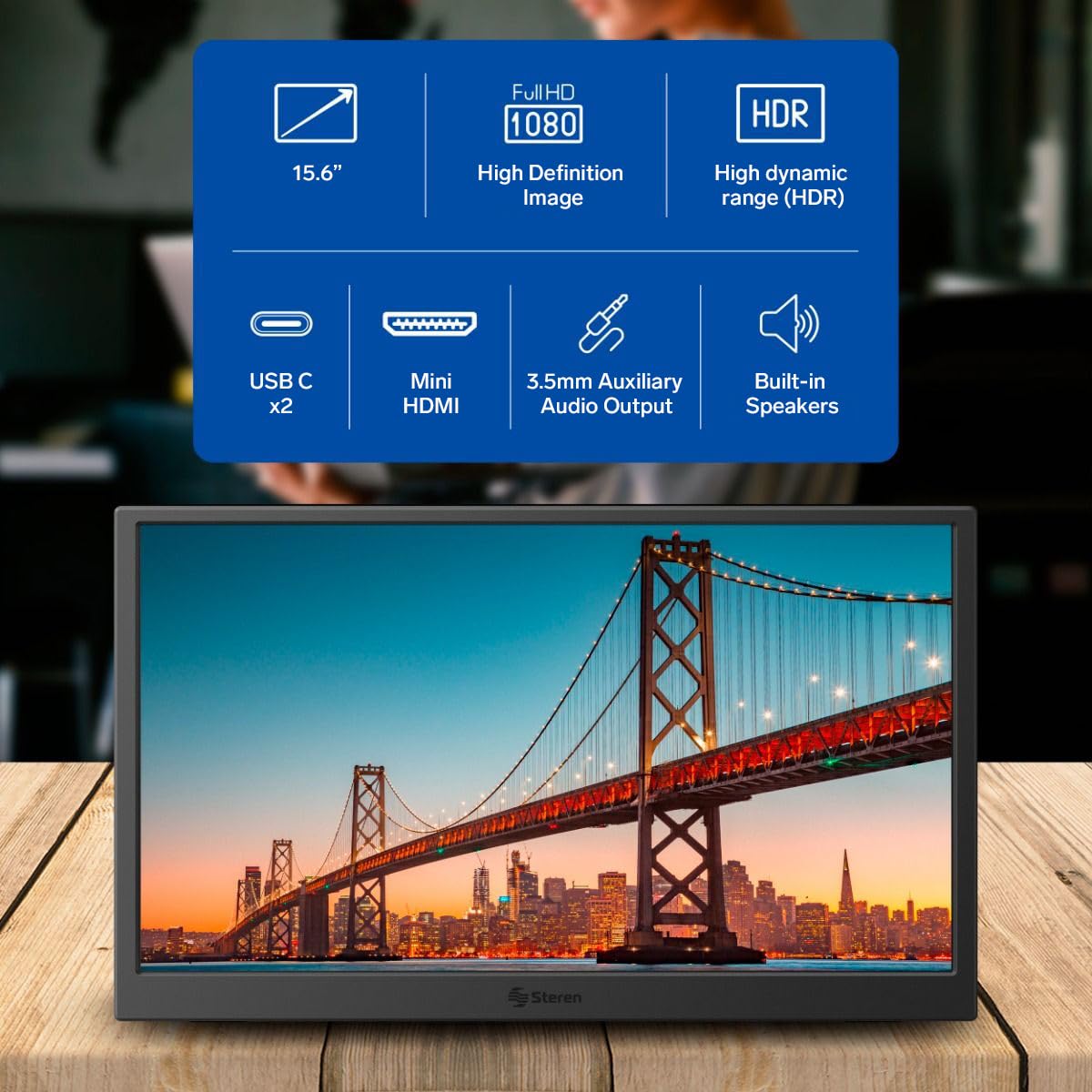 Monitor Portátil STEREN HDR 15.6 Pulgadas para Laptop