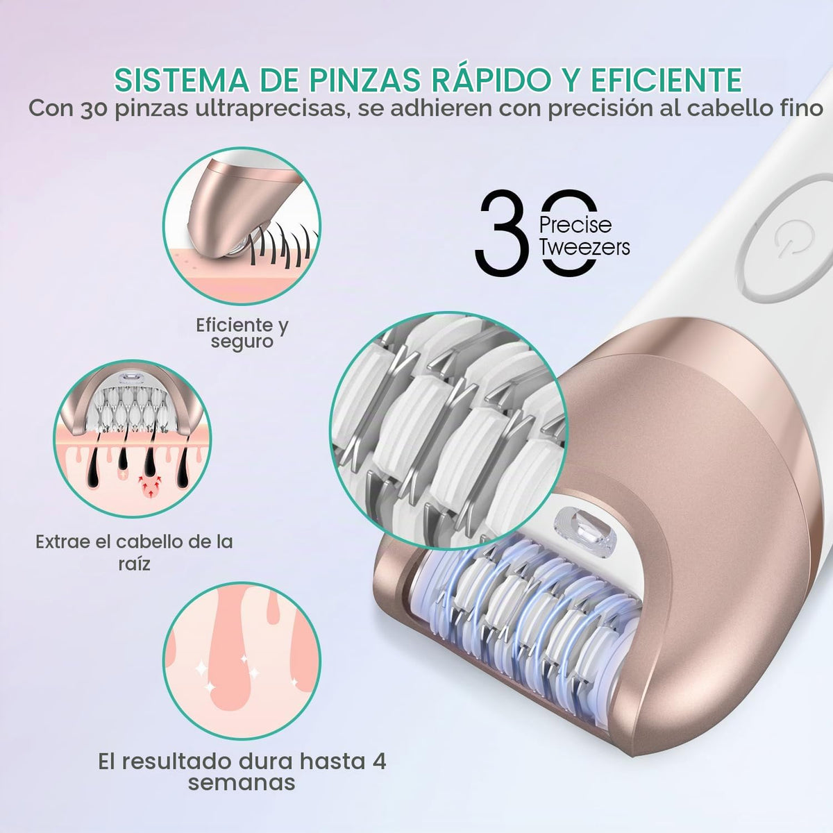 VOYOR Depiladora para Mujeres Inalámbrica y Recargable, Depiladora de Vello con 30 Pinzas, Depiladoras 3 en 1 con Afeitadora Eléctrica y Lima para Pies, Dispositivo de Depilación para Brazo y Pierna