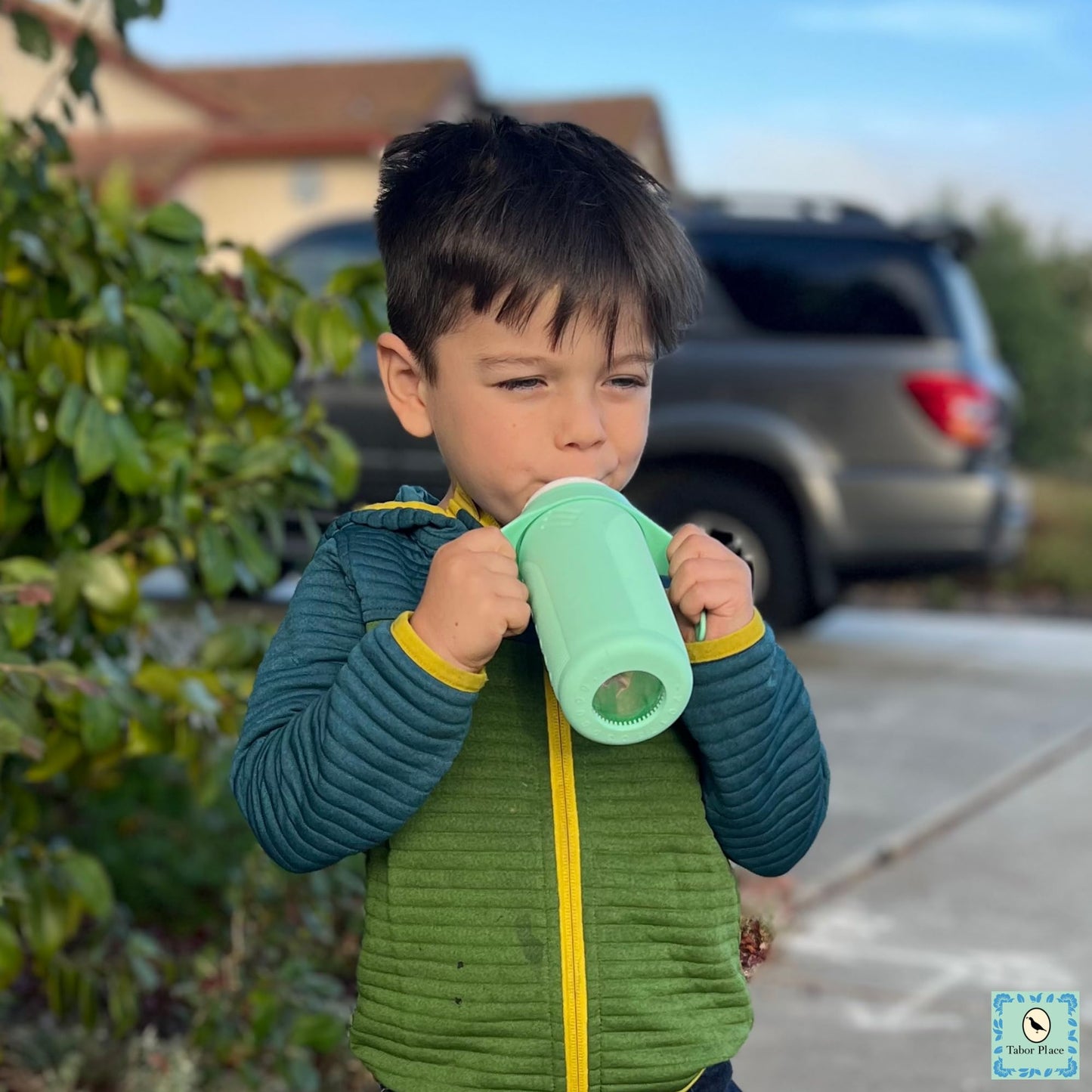 Tabor Place - Juego de 2 vasos de vidrio para niños pequeños - The Luca, verde menta y morado índigo, a prueba de derrames, pajita de silicona, 8 onzas, líquidos que nunca tocan plástico, asas
