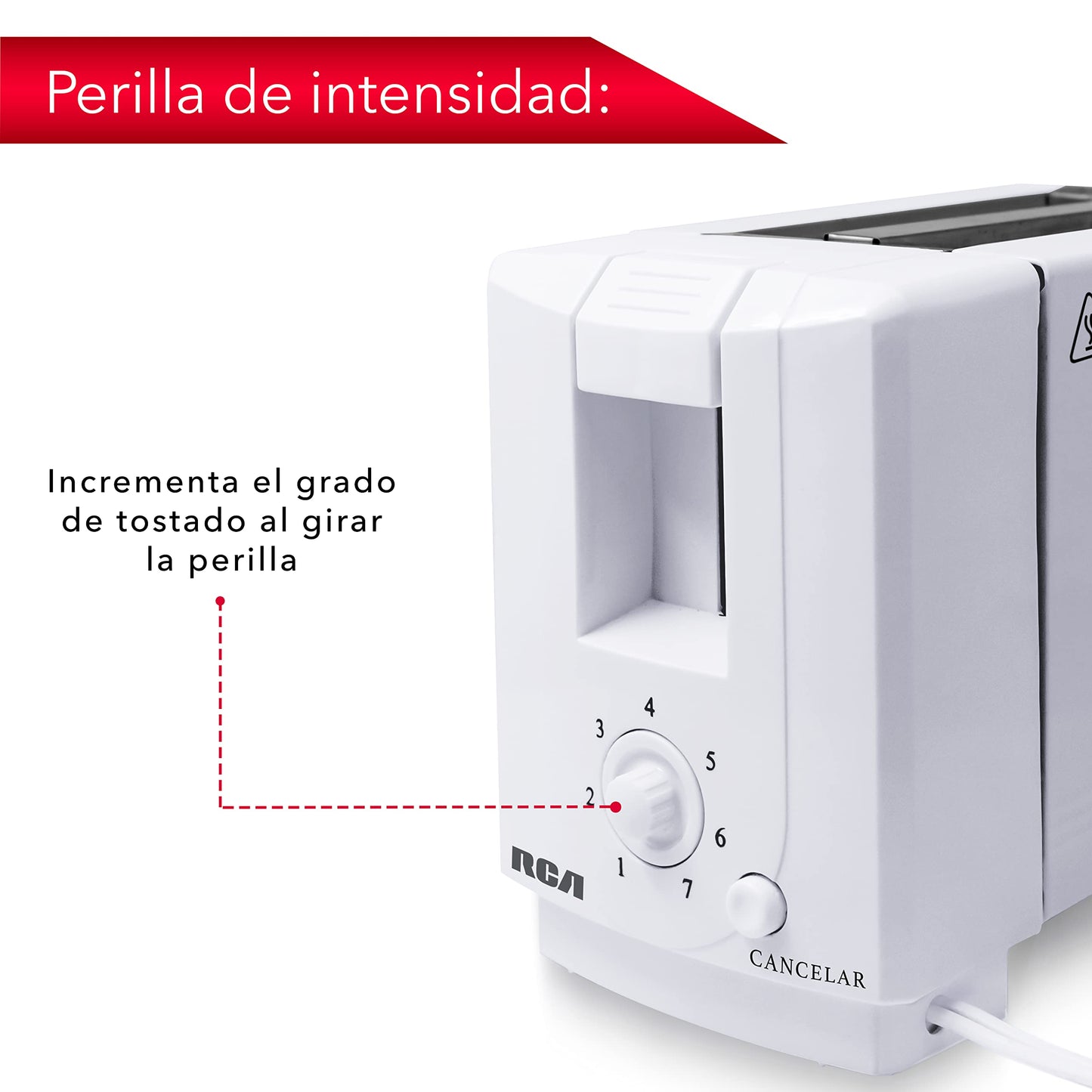 Tostador de Pan RCA, 2 ranuras, siete niveles de temperatura, boton para cancelar, bandeja de residuos extraible, blanco, modelo RC-T1