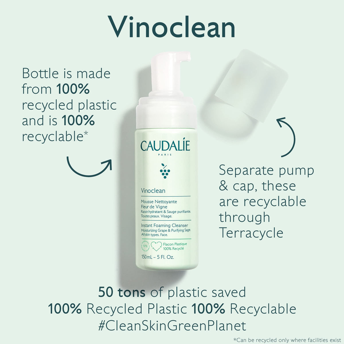 Caudalie Vinoclean Espuma Facial Limpiadora, Limpiador Diario que Limpia, Suaviza y Reduce las Rojeces - 150 mL