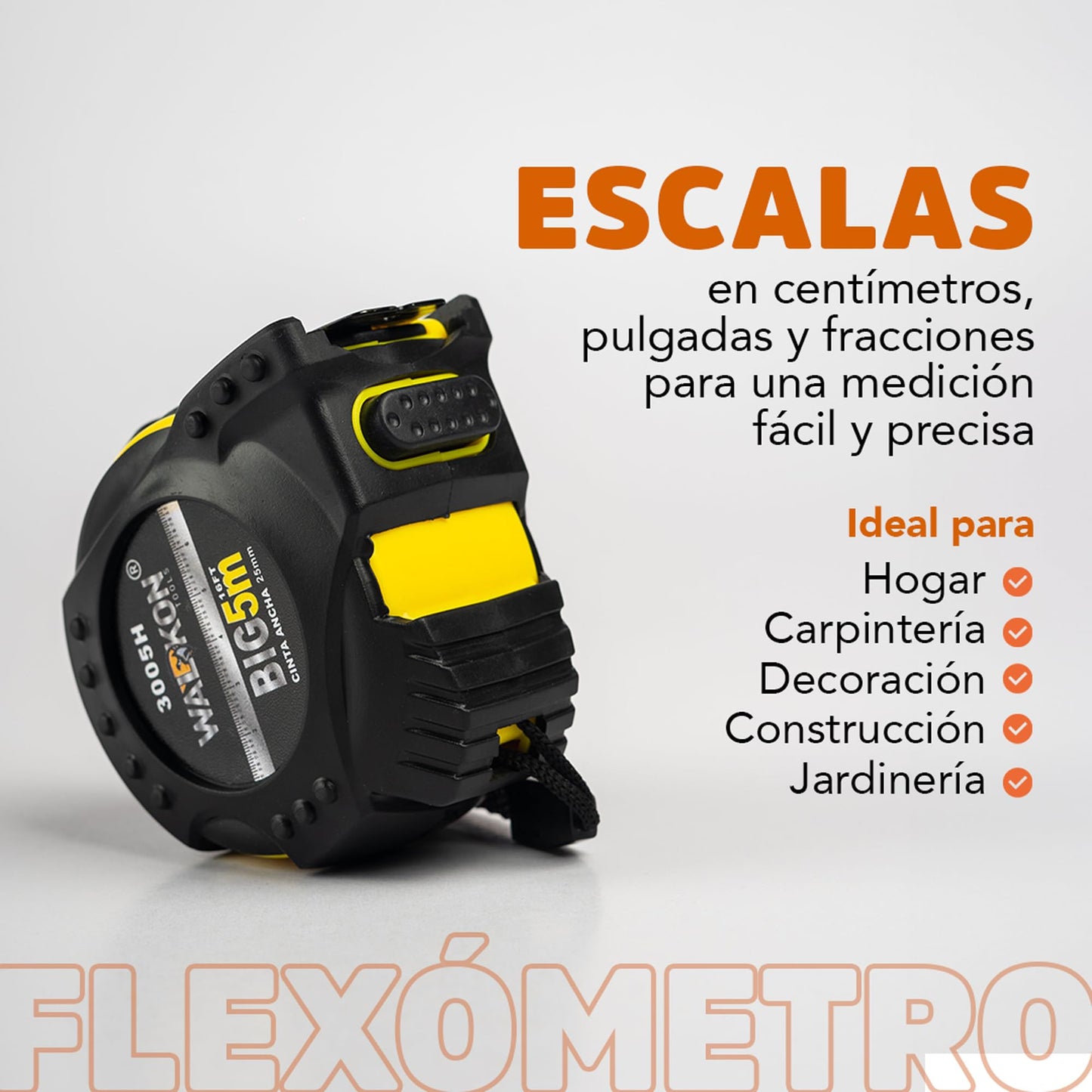 Flexómetro WALKON Blanco Hule contra Impacto 5 Metros