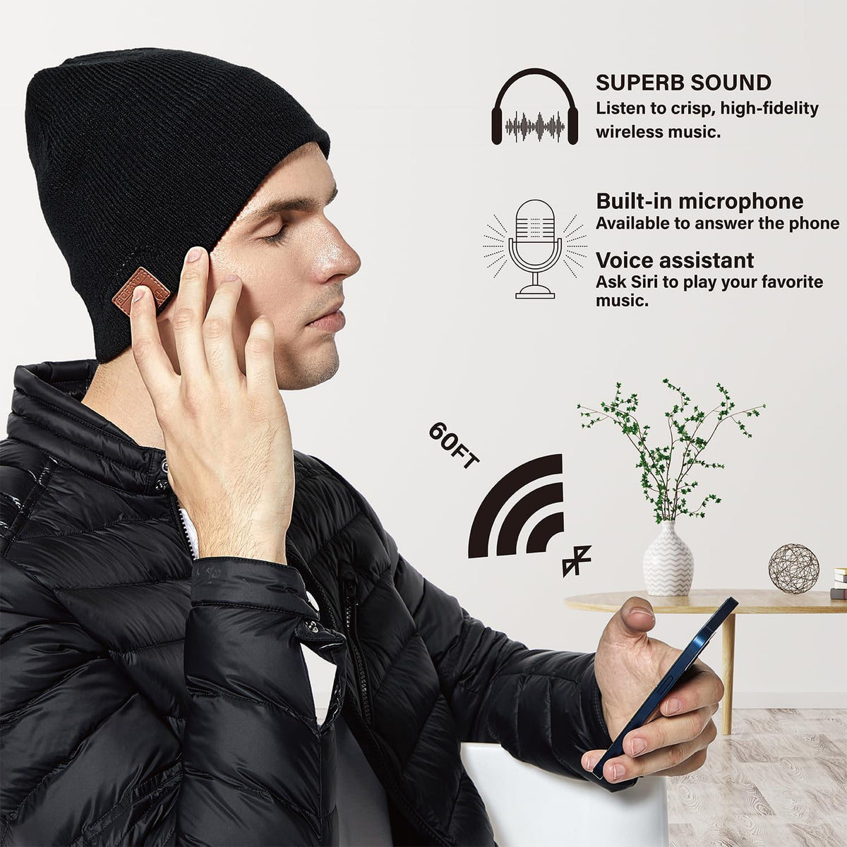 Gorro Bluetooth BORAYDA Negro con Micrófono y Sonido Estéreo HD
