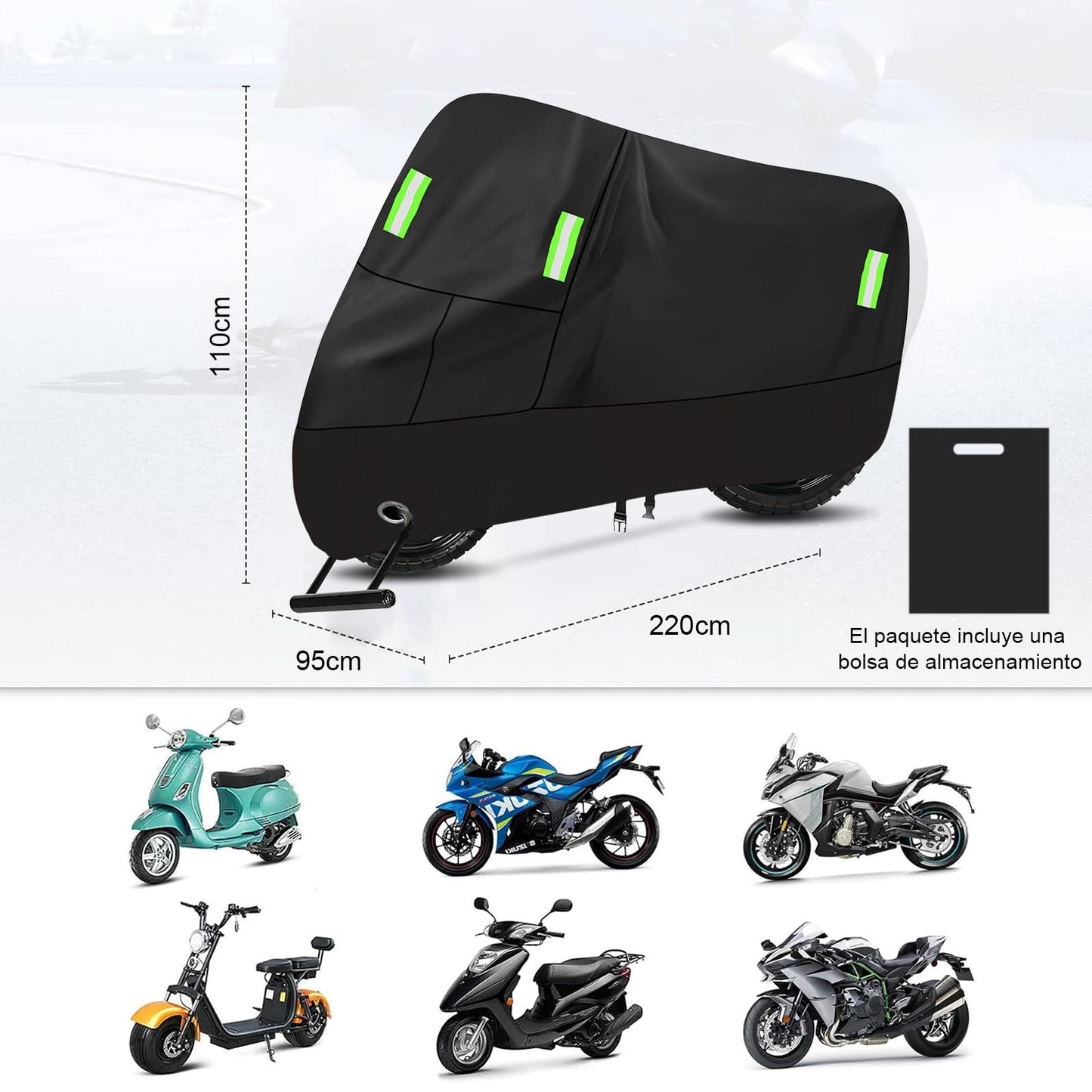Funda Cubierta Impermeable para Motocicletas, con Tiras Reflectantes y Orificios para Cerradura, Protege contra El Polvo, La Lluvia y La Resina, para Motocicletas como Honda, Yamaha, Suzuki, Harley