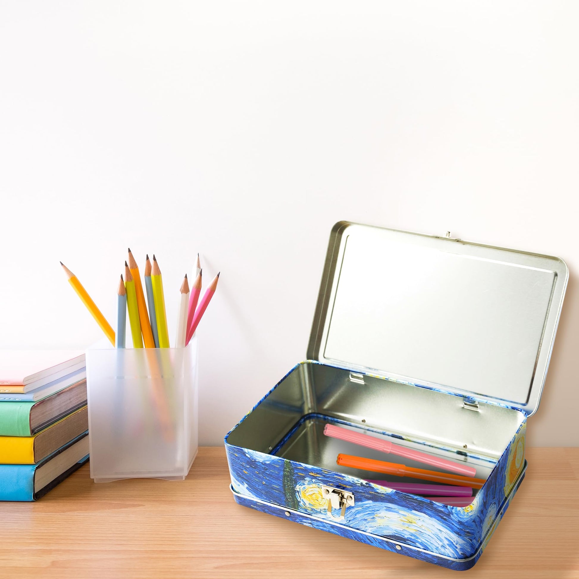 DAHO Caja de almacenamiento de metal con bisagra para oficina, escuela, hogar, maquillaje, artes y manualidades y accesorios (noche estrellada)