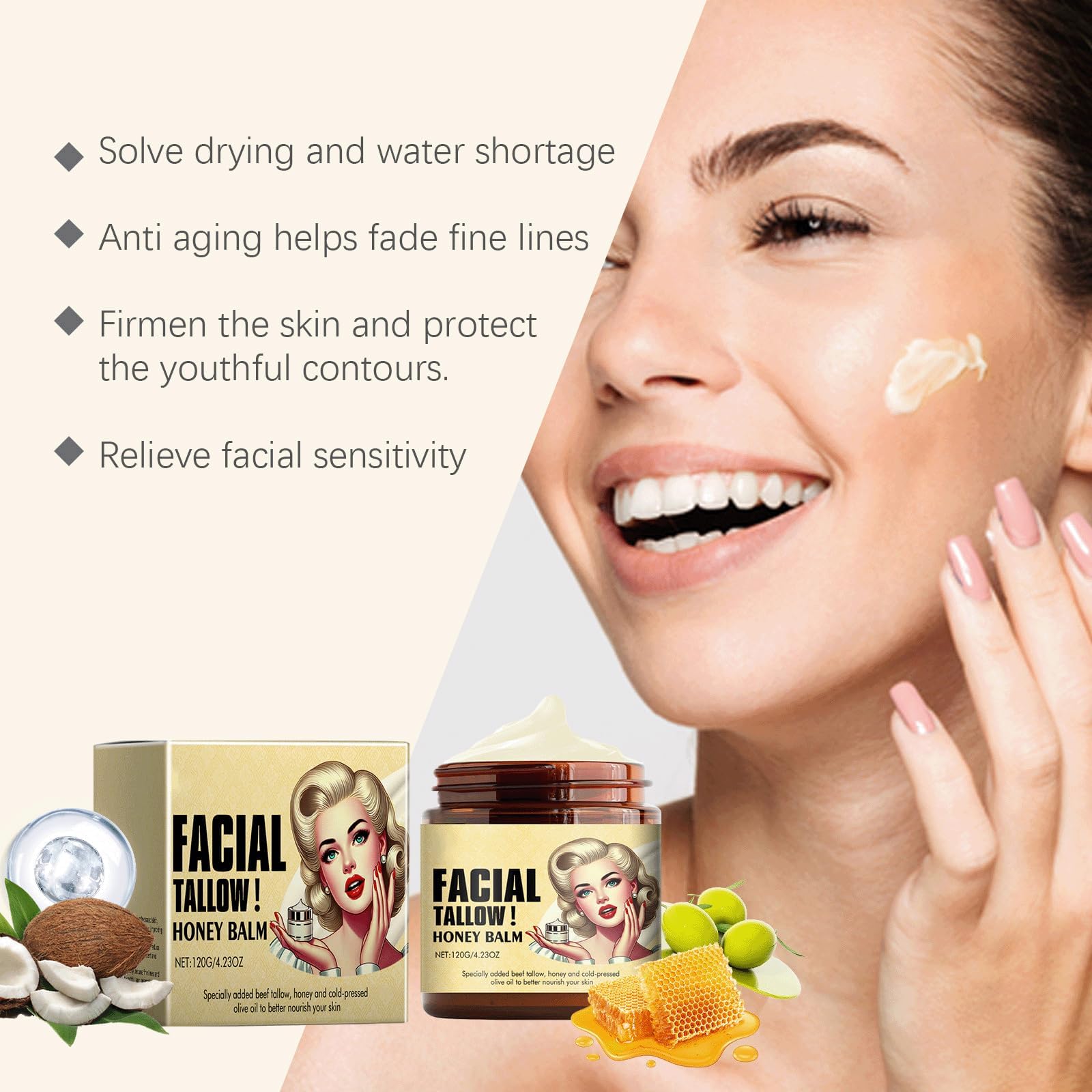 Bálsamo De Sebo De Res Batido Y Miel, Crema Facial Con Acabado De Pasto De Animales Alimentados Con Pasto, Bálsamo De Sebo Batido Y Miel, Bálsamo Multiusos De Sebo De Res Batido Y Miel, (3PCS)