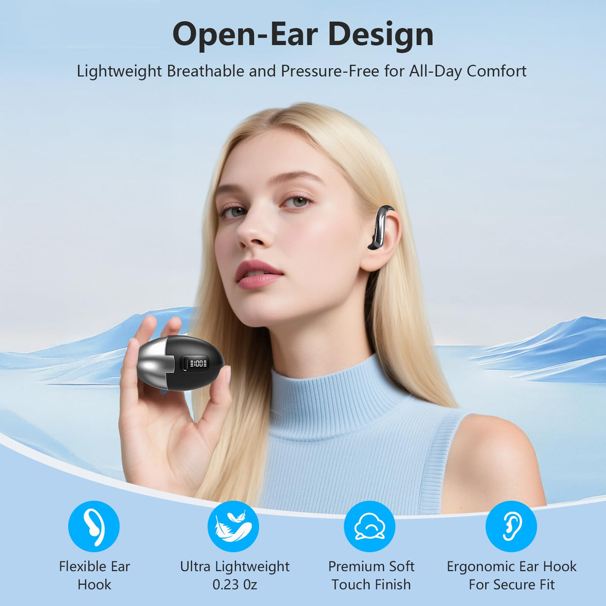 Auriculares Bluetooth MKKLTUOP Negro con Clip para Oídos y Diseño Abierto, IPX7 Impermeable