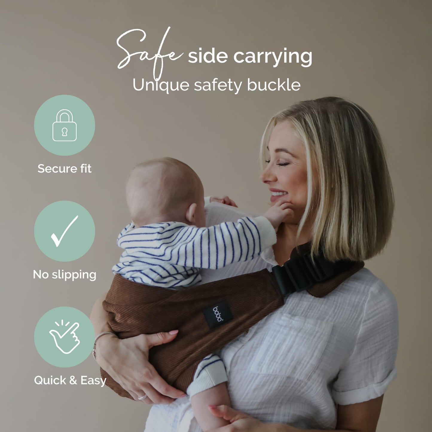 Boba Buddy - Sling portabebés de algodón de pana para bebé, ergonómico con correas ajustables, hebilla de seguridad y asiento espacioso, incluye bolsa de transporte a juego (9-48 meses/18-44 libras)