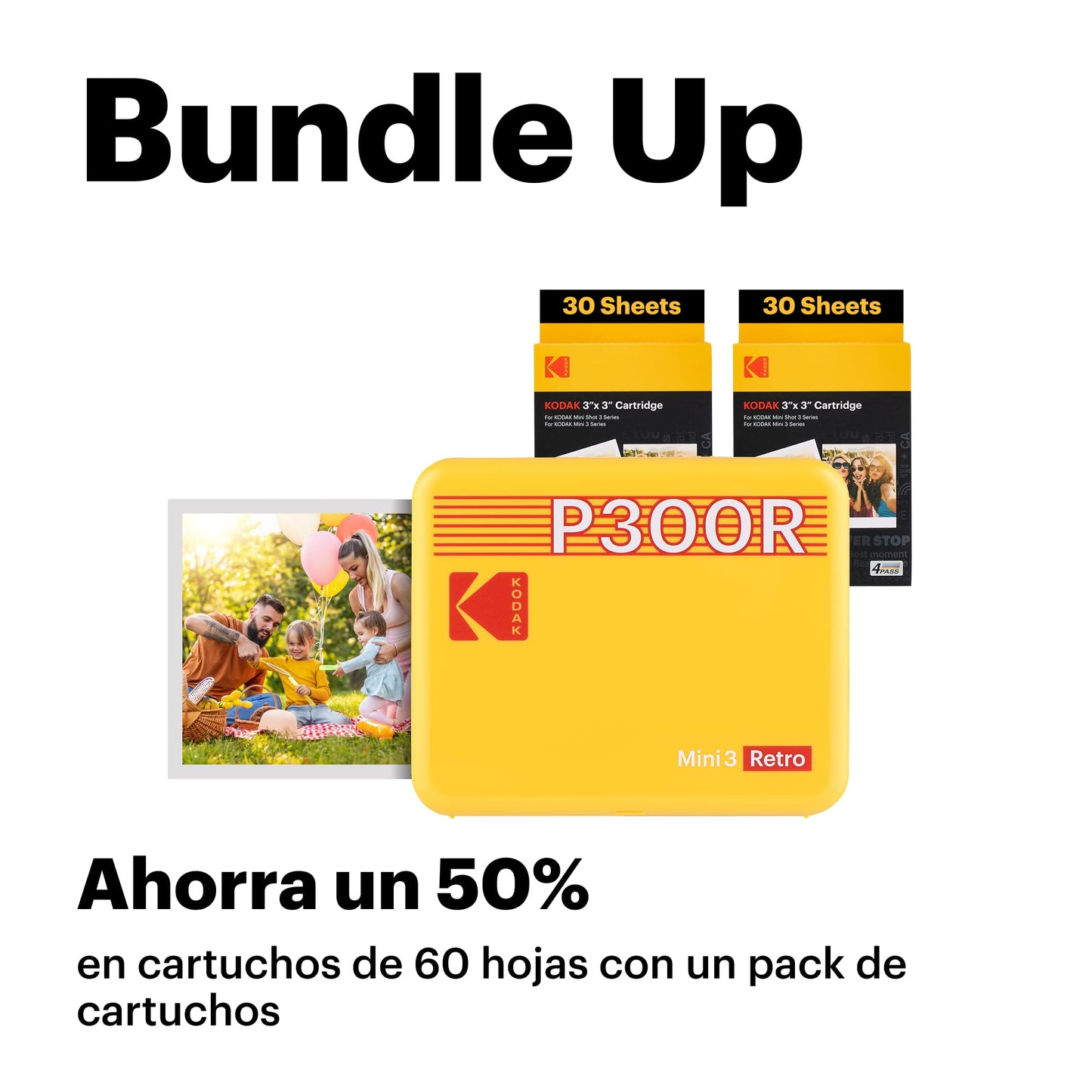 KODAK Mini 3 Retro 4PASS Impresora de Fotos Portátil (7,6x7,6cm) + 8 Hojas, Amarillo