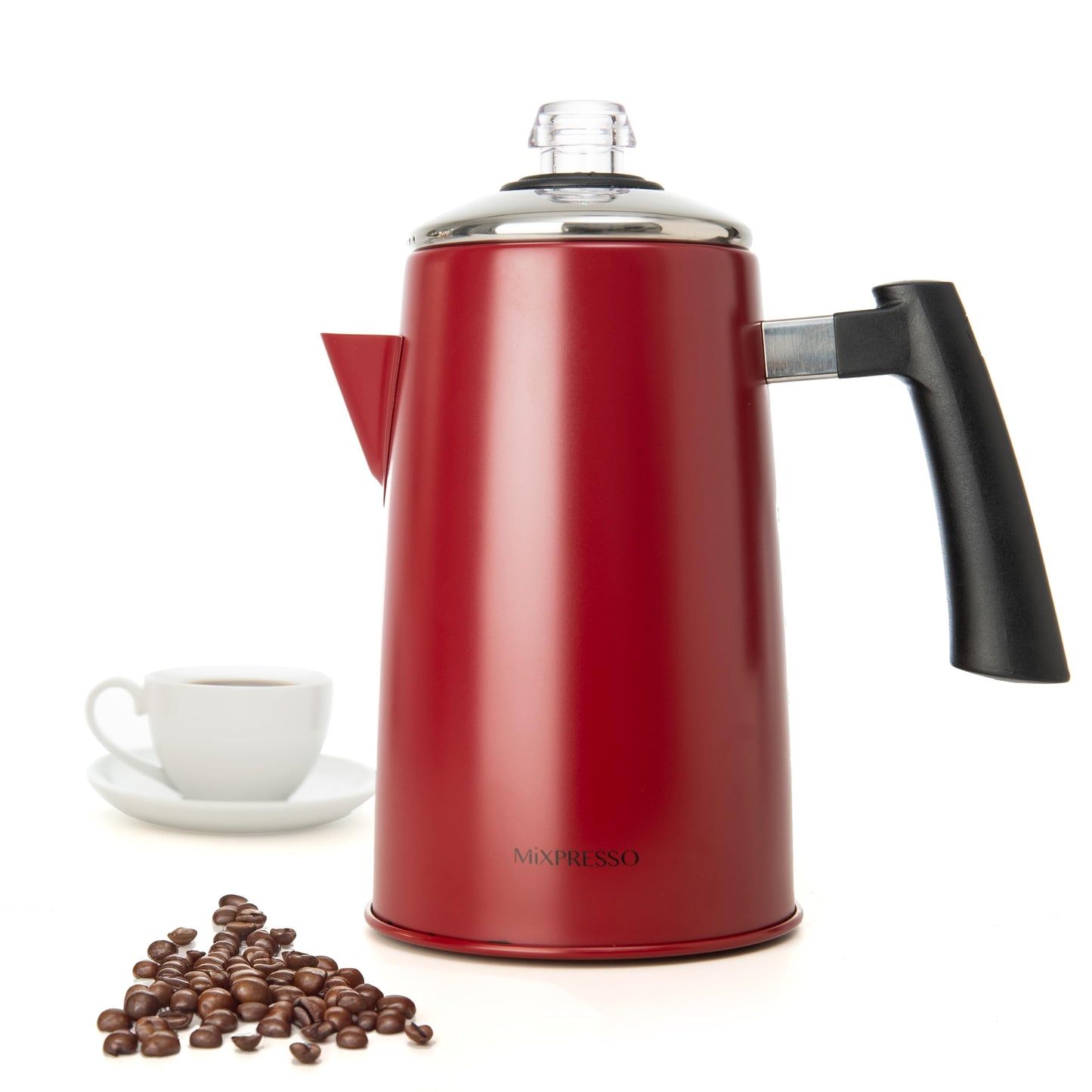 Percolador de Café Mixpresso Rojo con Mango de Tacto Frío de Acero Inoxidable 50 Onzas