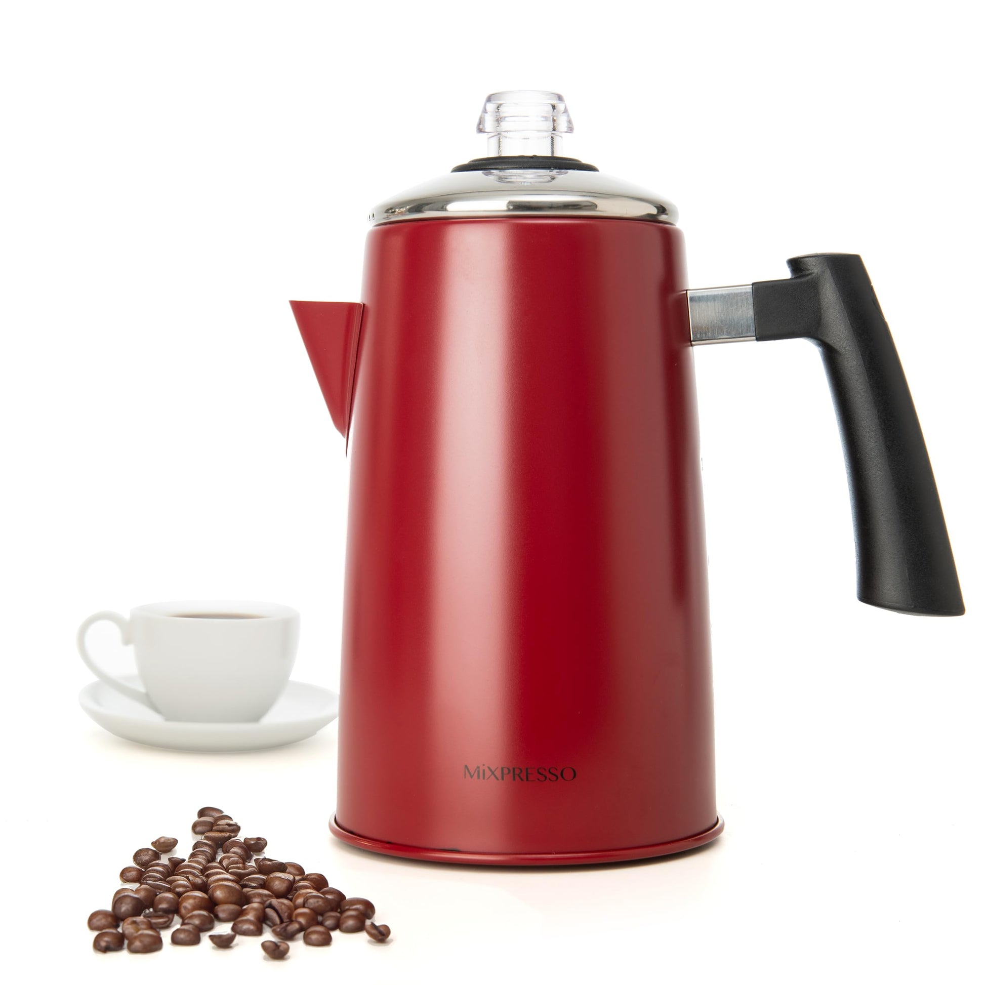 Percolador de Café Mixpresso Rojo con Mango de Tacto Frío de Acero Inoxidable 50 Onzas