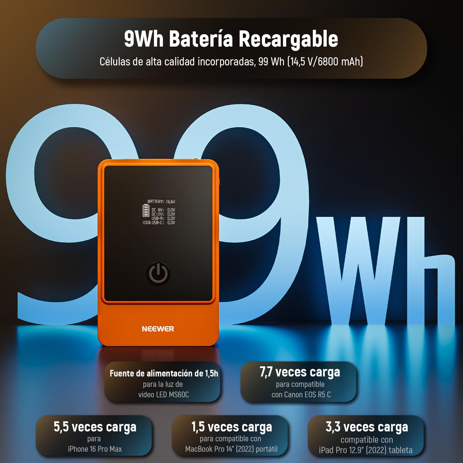 Batería Mini V Mount NEEWER Naranja 6800mAh 99Wh 14.5V para Videocámara Compatible con SmallRig BMPCC 4k 6k