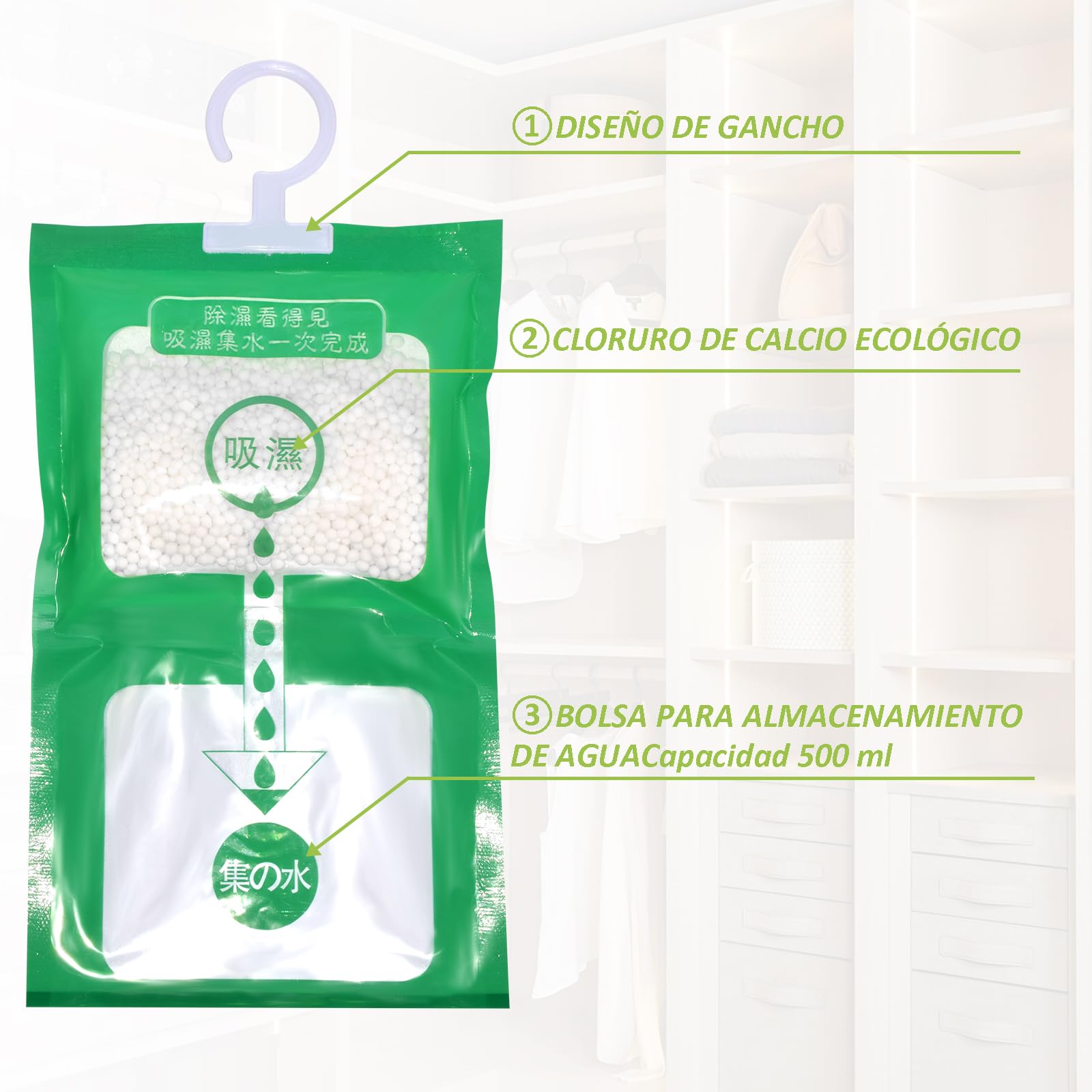 Paquete de 10 Bolsas Antihumedad Colgantes, Deshumidificador para la Humedad - Absorbedor de Humedad Sin Fragancia, Proceso Visible, Previene Moho en Closet, Baño, Cocina, Sótano y Lavadero