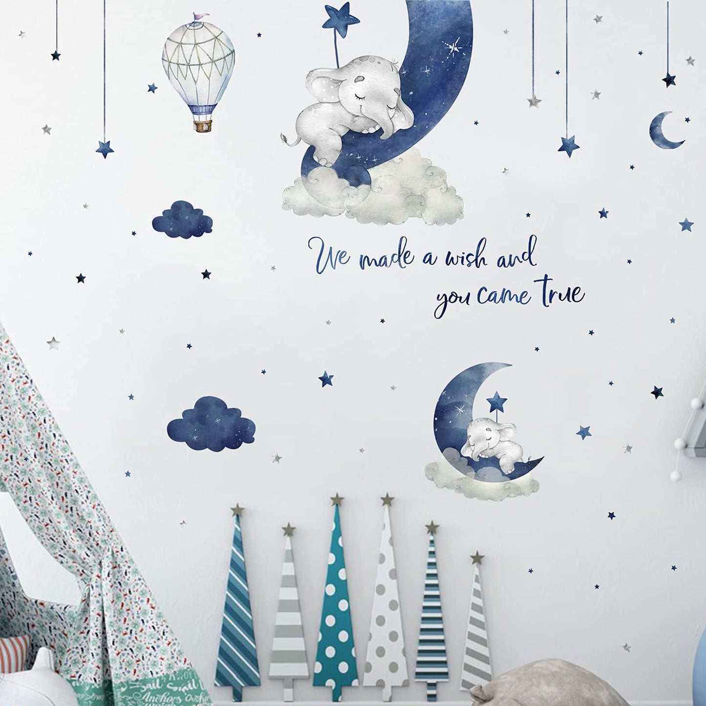 Yovkky - Calcomanías de pared de elefante para dormir, diseño de flores de acuarela azul y gris, diseño de globos de aire caliente, decoración de cuarto de bebé, decoración del hogar, decoración de
