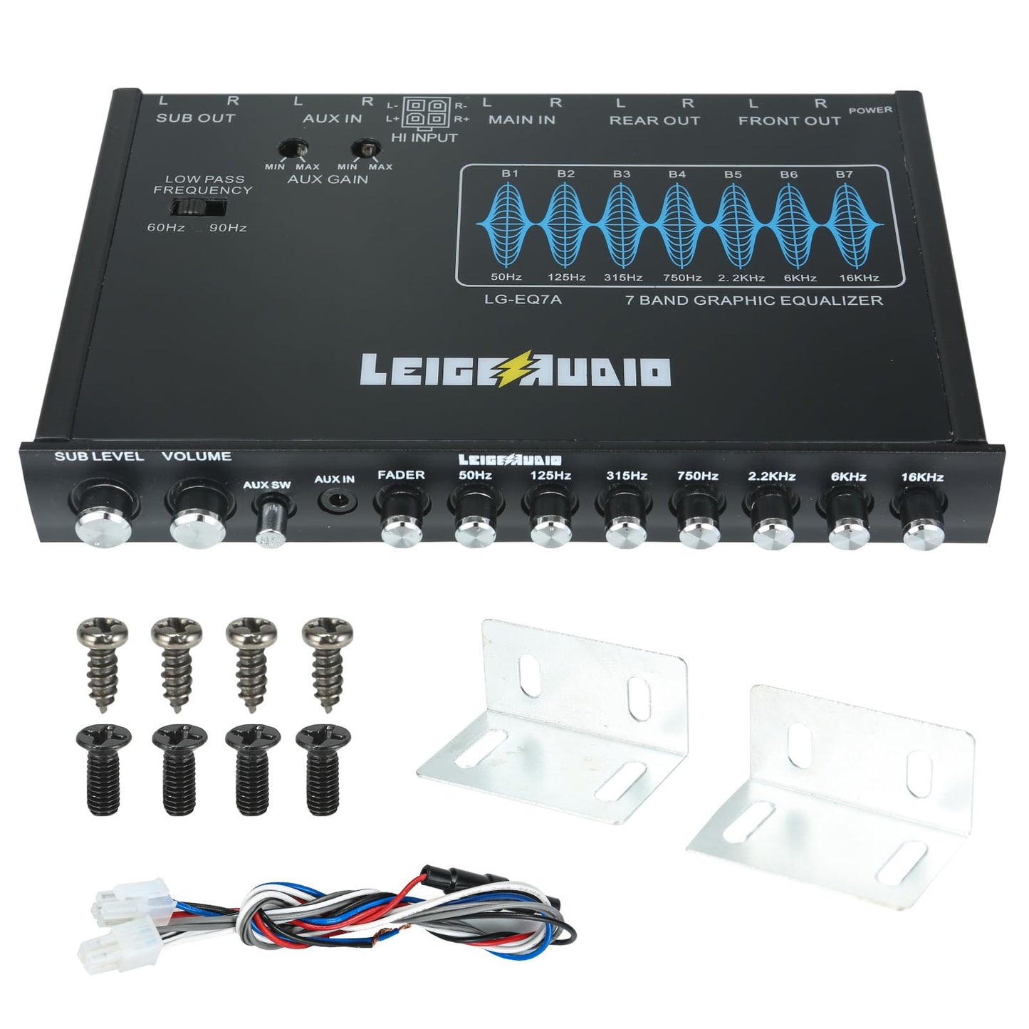 LEIGESAUDIO LG-EQ7A - Ecualizador gráfico de audio para coche de 7 bandas con entrada auxiliar frontal de 3,5 mm, salidas RCA de alto voltaje y entradas de altavoz de alto nivel