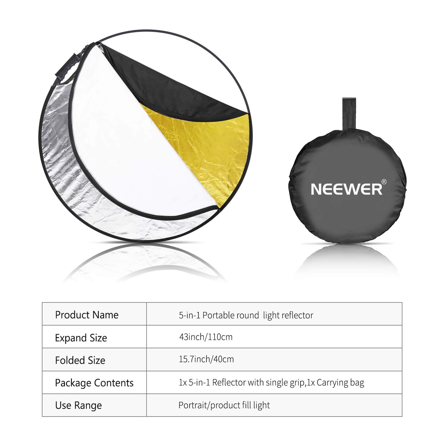 NEEWER 5-en-1 Reflector Luz Redondo Portátil 110CM Plegable Multidisco con Una Sola Empuñadura y Bolsa para Iluminación de Fotografía Estudio e Iluminación Exterior-Oro/Plata/Blanco/Negro/Translúcido
