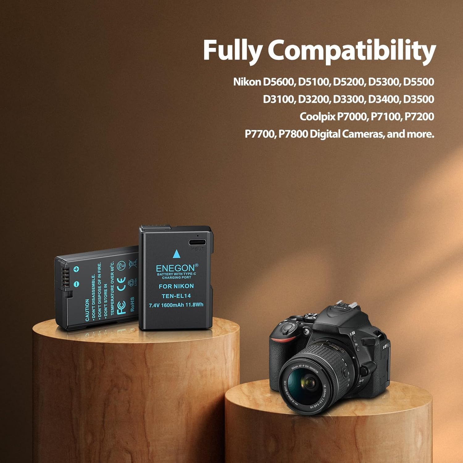 Batería de Repuesto ENEGON USB-C Negra 1600 mAh para Nikon D5300, D5600, D5100, D5200, D3100, D3200, D3300, D3400, D3500