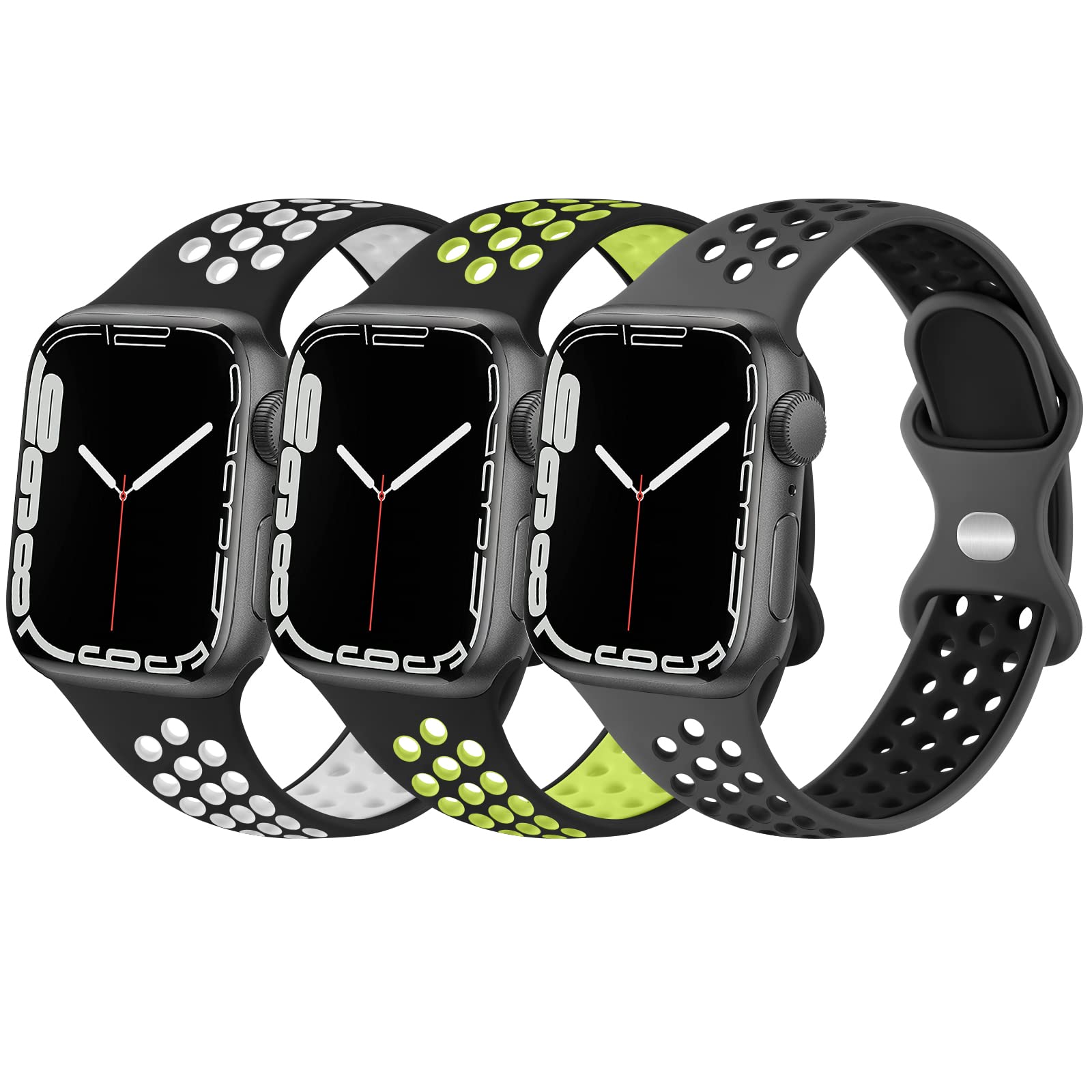 Paquete de 3 bandas deportivas compatibles con Apple Watch Band 42mm(Serie 3 2 1) 44mm 45mm 46mm 49mm Mujeres Hombres, correas de repuesto transpirables de silicona suave compatibles con iWatch Ultra SE Series 10 9 8 7 6 5 4 3 2 1 (44/45/46/49/42mm(Series