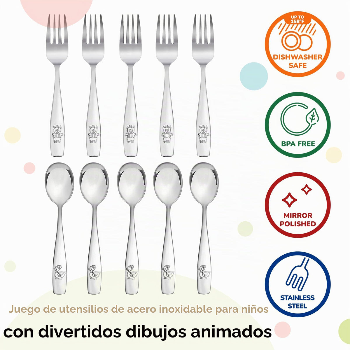 PLASKIDY - Juego de 10 cubiertos de acero inoxidable para niños, incluye 5 tenedores y 5 cucharas, apto para lavaplatos