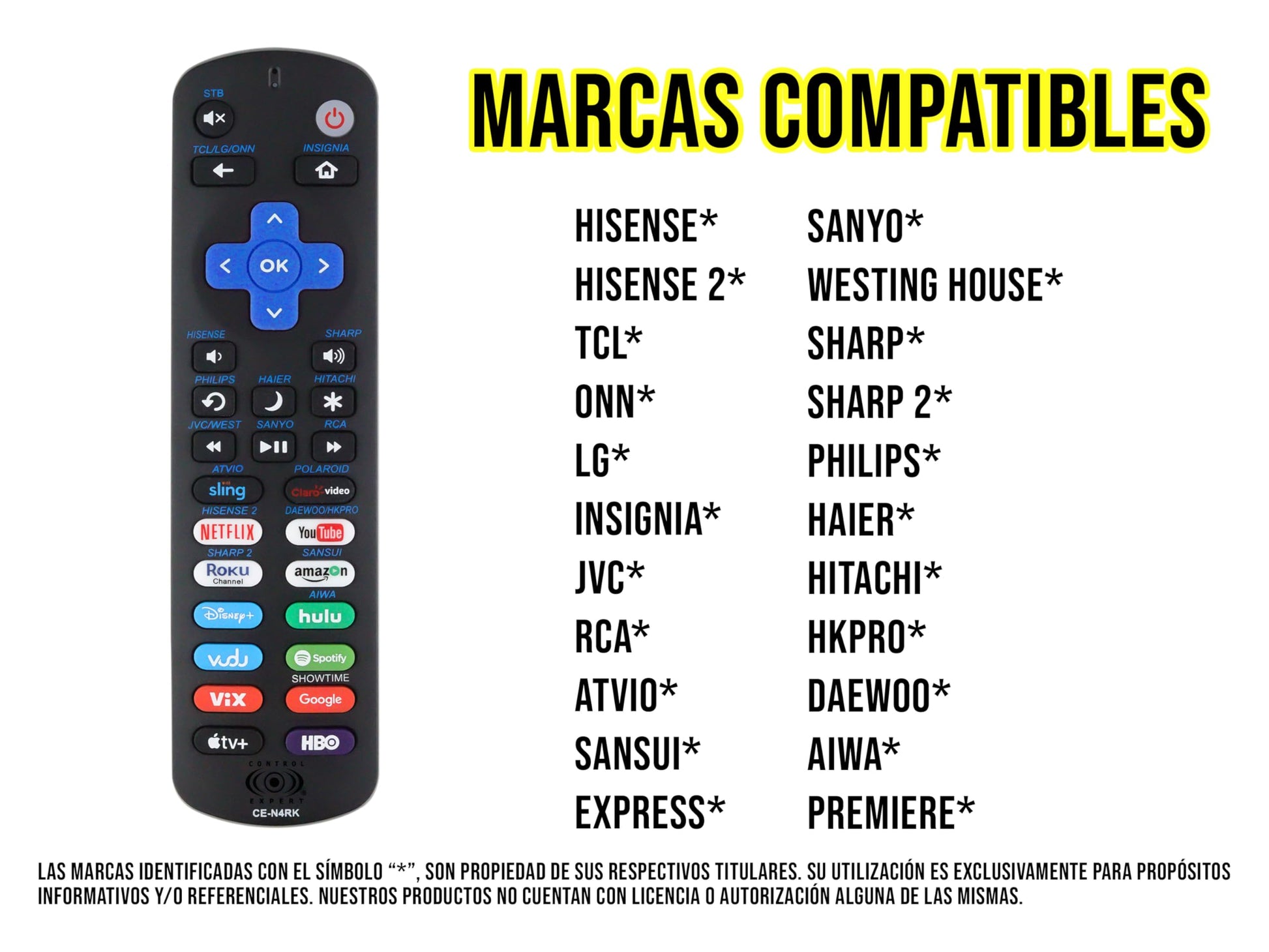 CONTROL EXPERT Control Remoto Compatible para Pantalla con ROKU Integrado, TCL, HISENSE, ATVIO, ONN, Sharp, Philips, LG, JVC, Insignia, Compatible con Aparatos, Premiere Y Express