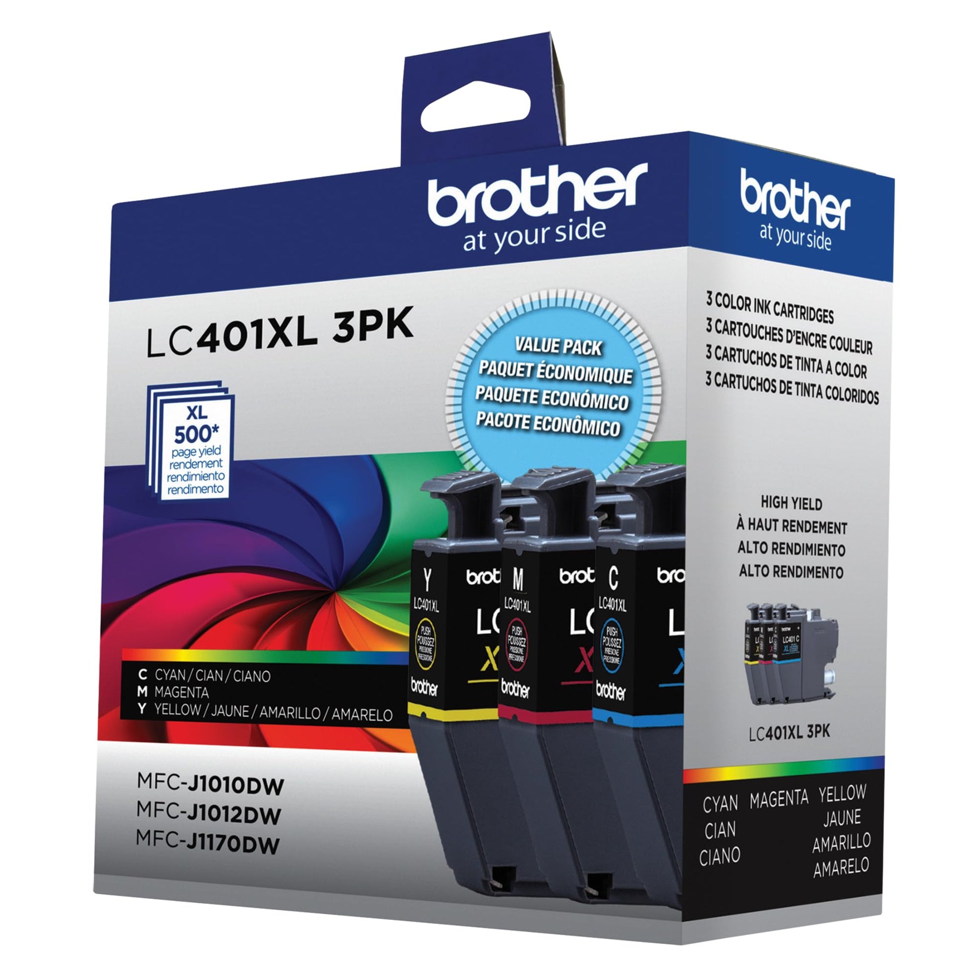 Brother LC401XL - Paquete de 3 Cartuchos de Tinta de Alto Rendimiento, Incluye 1 Cartucho de Tinta Cian, Magenta y Amarillo.