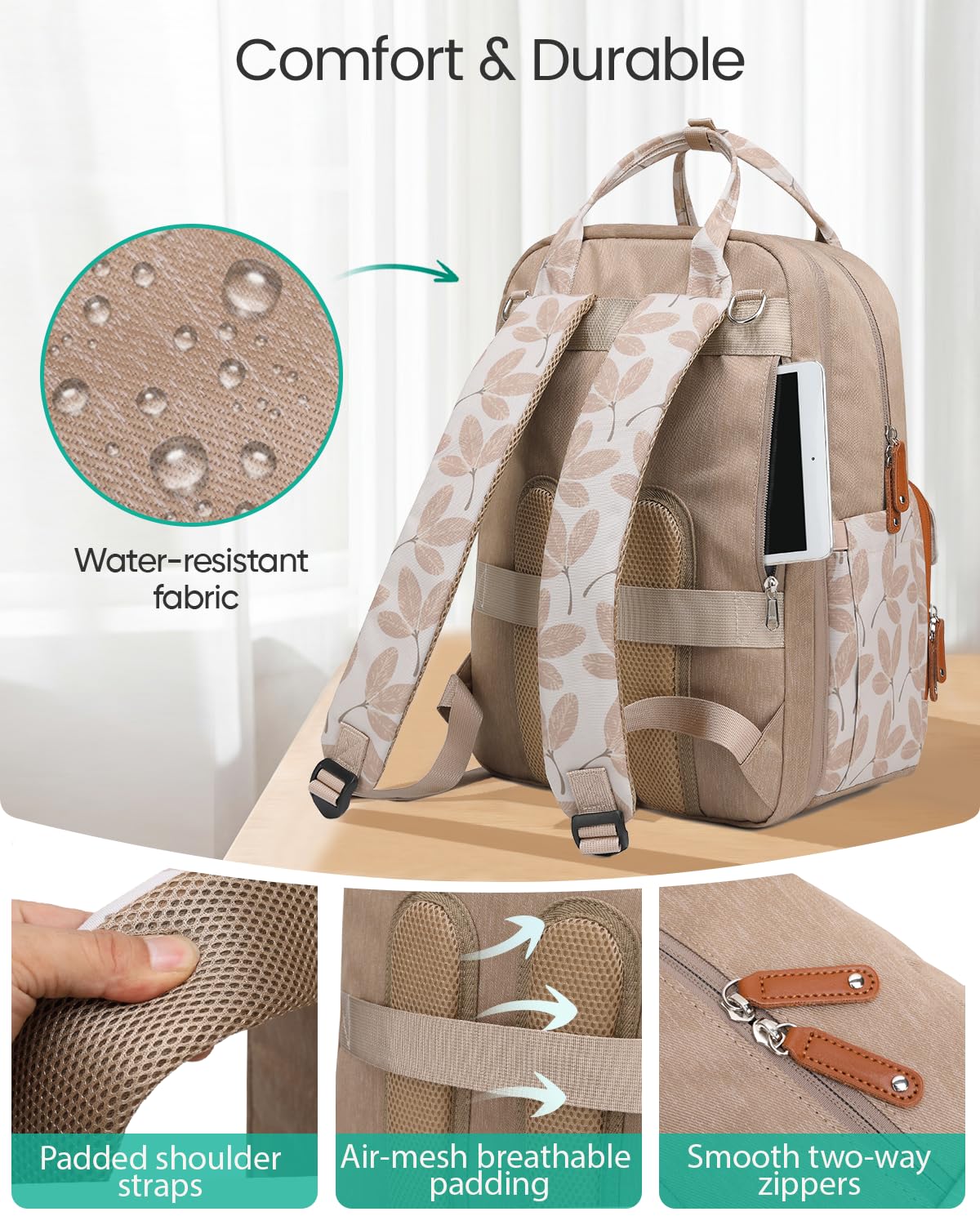 Qualyphant Mochila para pañales extragrande para dos niños, expandible, de 35 l, para mamá, niña, niño, papá, niño pequeño, bolsa grande para pañales de viaje, 21 bolsillos (4 aisl Hoja de color caqu