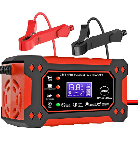 Cargador de Bateria de Auto 12V 6A,Portatil Cargador de Baterías Automático Coche Moto SUV,LCD Pantalla,Múltiples Protecciones,Ajuste Inteligente de Corriente para Cargar y Proteger Batería,ATVs,RVs