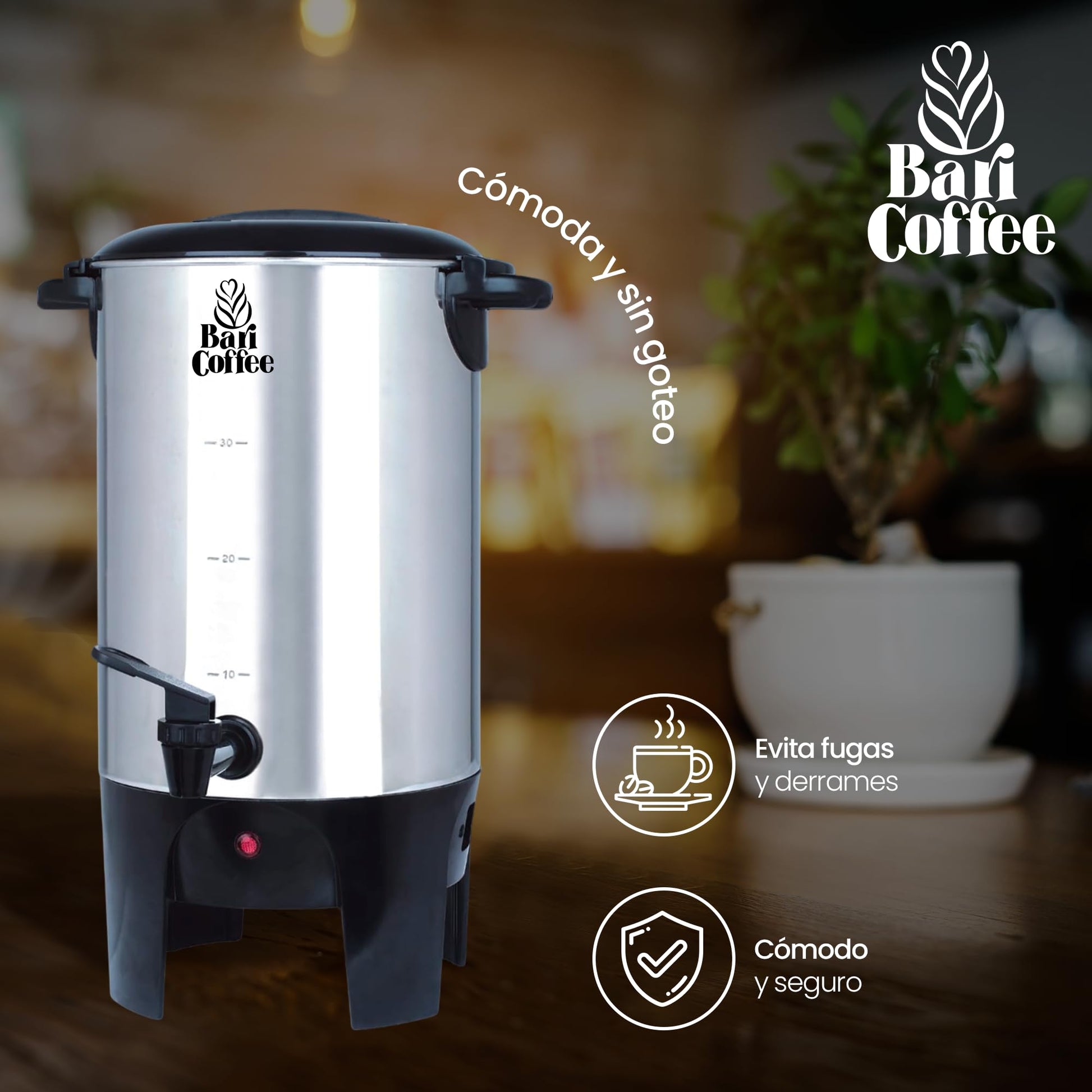 Baricoffee Cafetera 6 Litros, 40 Tazas, Cafetera Electrica, Tapa con Asas, Acero Inoxidable, Cafeteras Automaticas, Dispensador de Bebidas, Filtro Permanente Lavable, Dispensador de Bebidas Calientes
