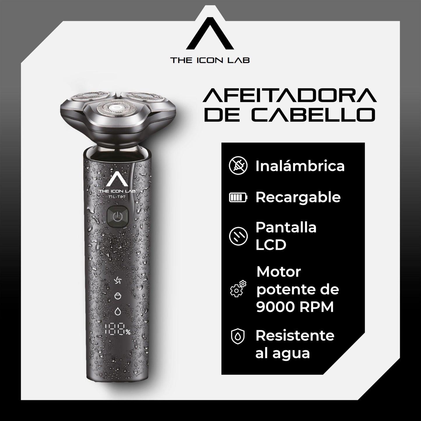THE ICON LAB | Afeitadora Eléctrica Hombre Inalámbrica | Cabezal Flotante con 3 Cuchillas de Doble Anillo | Motor 9000 RPM | 2 Velocidades | Pantalla LCD | Resistente al Agua | Recargable USB