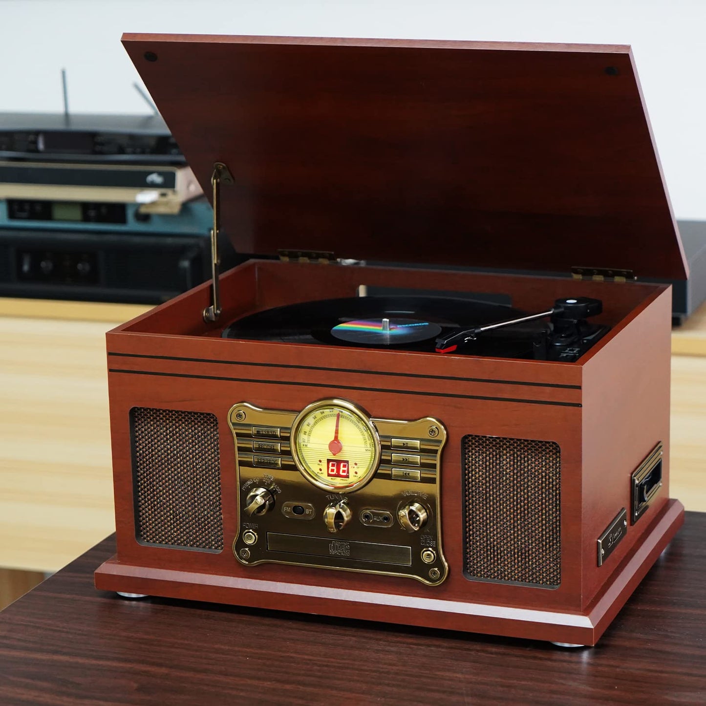 Kedok Tocadiscos Bluetooth de Vinilo con Altavoces estéreo, Convertidor de Vinilo LP a MP3 con CD, Reproductor de Casete,Radio FM,Entrada Auxiliar y Tomas de Auriculares