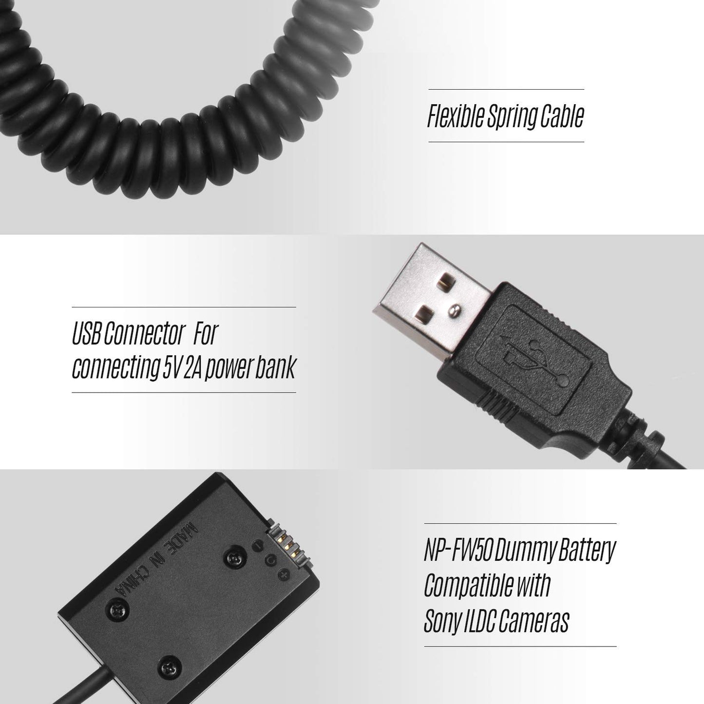 Andoer NP-FW50 - Adaptador acoplador de batería para chupete 5 V USB con cable de resorte flexible compatible con Sony A7 A7II A7R A7S A7RII A7SII A6000 A5000 A3000 NEX 5 NEX (sin enchufe)