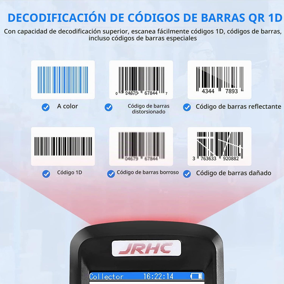 Escáner de Inventario JRHC Negro Inalámbrico Láser 1D de Larga Distancia con Pantalla LCD de 2.8 Pulgadas Multifuncional