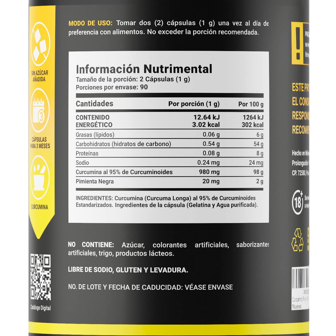 Curcumina Pura de 180 Cápsulas 1000 mg por porción. Ingredientes Naturales. Pure Curcumin B Life.