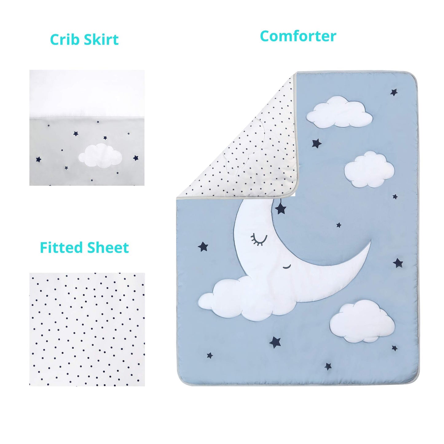 La Premura Sleeping Moon - Juego de ropa de cama para cuna de bebé, 3 piezas, tamaño estándar, color azul y gris