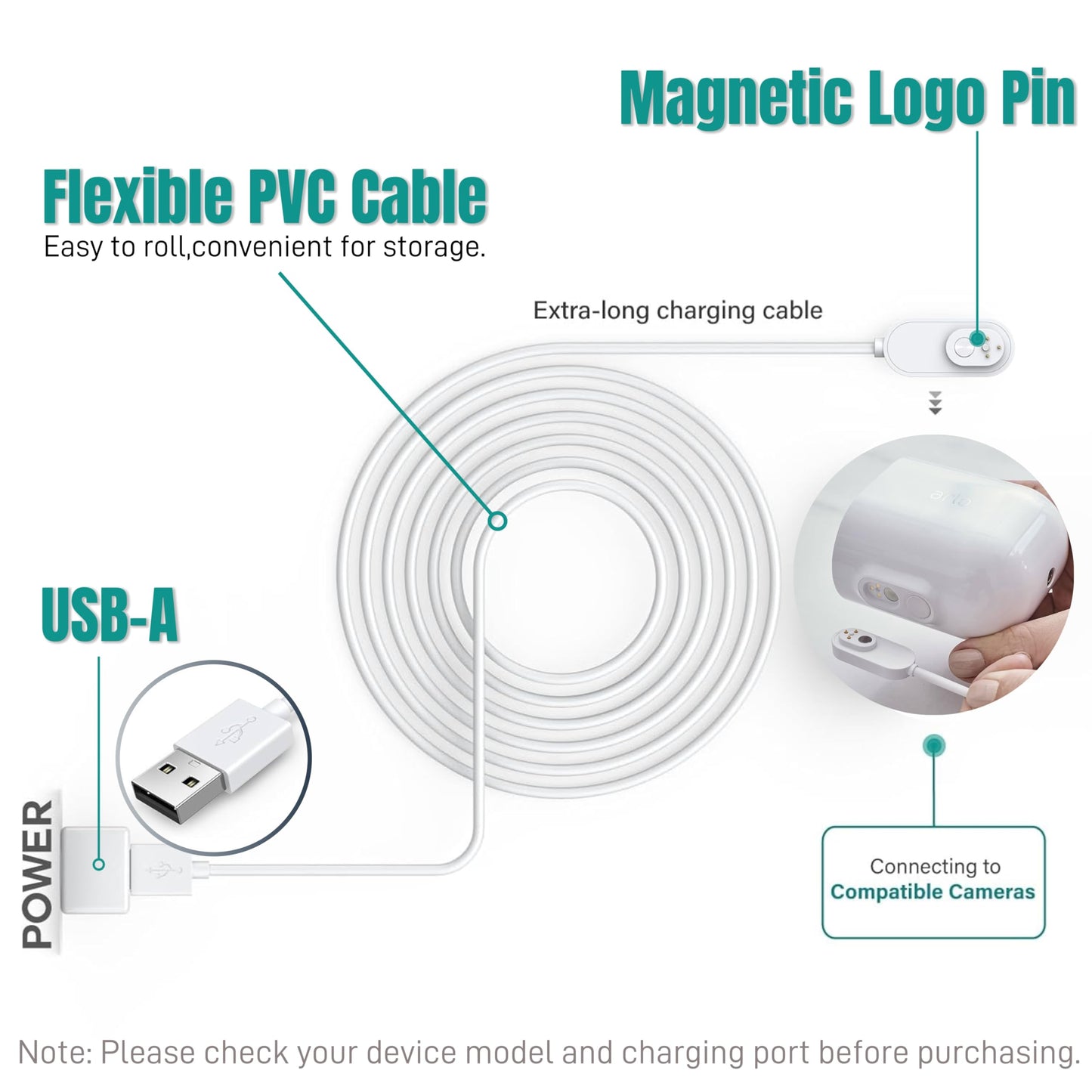 Arlo - Paquete de 2 cargadores de cámara de 10 pies compatibles con Arlo Pro 5S 2K, Pro 4, Pro 3, Ultra 2, Ultra, Floodlight, Go 2 cámaras, arlo cable de carga magnético para exteriores resistente a
