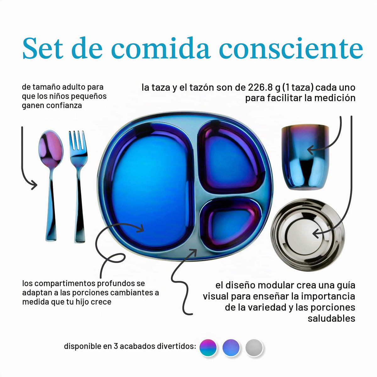 Ahimsa - Juego de vajilla de acero inoxidable para niños, color azul