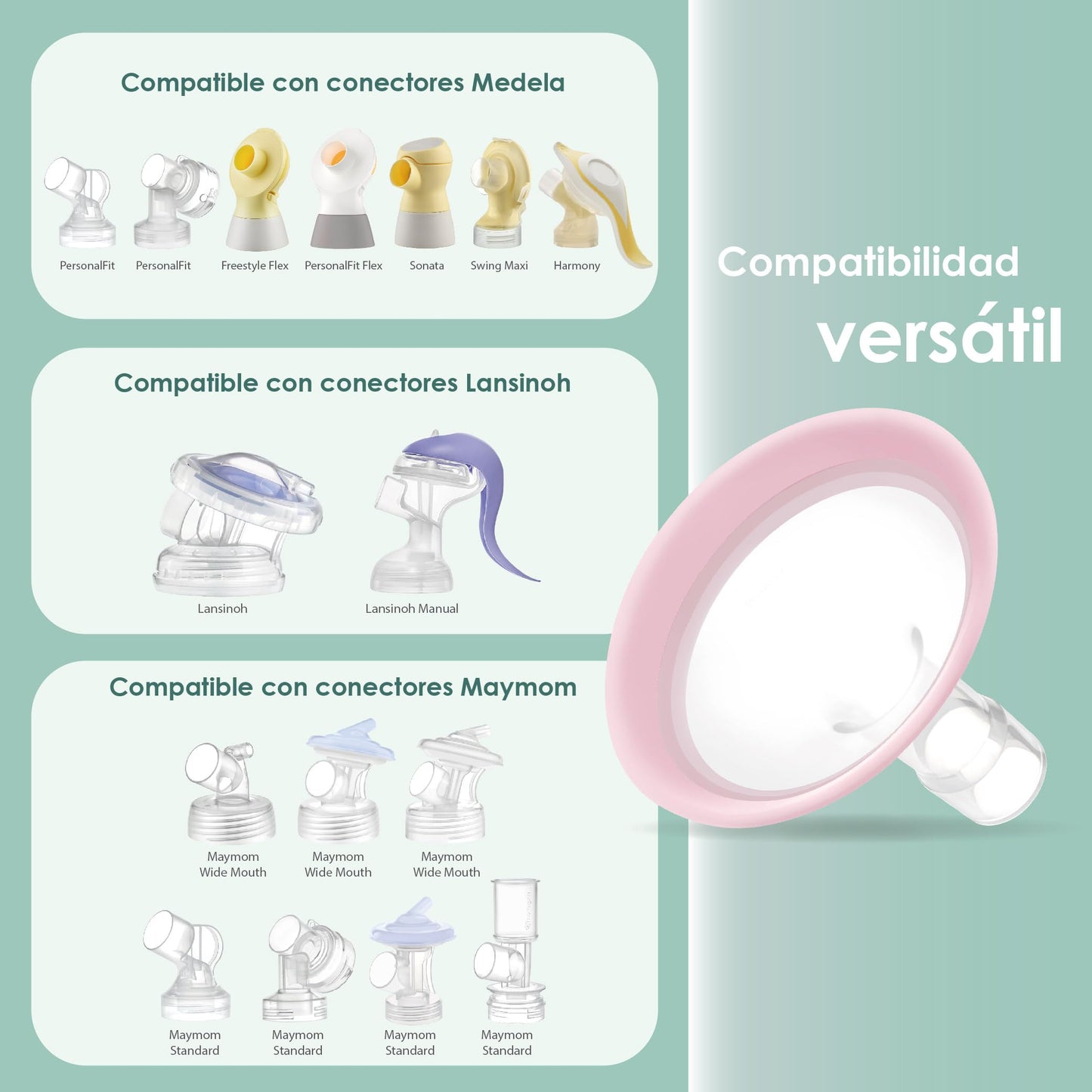 Embudo Maymom MyFit Pano de 16 mm, compatibles con extractores Medela – PersonalFit, Freestyle, Harmony, Maxi y conectores Freestyle Flex; compatibles con conectores Maymom de boca ancha/estrecha, 2 piezas